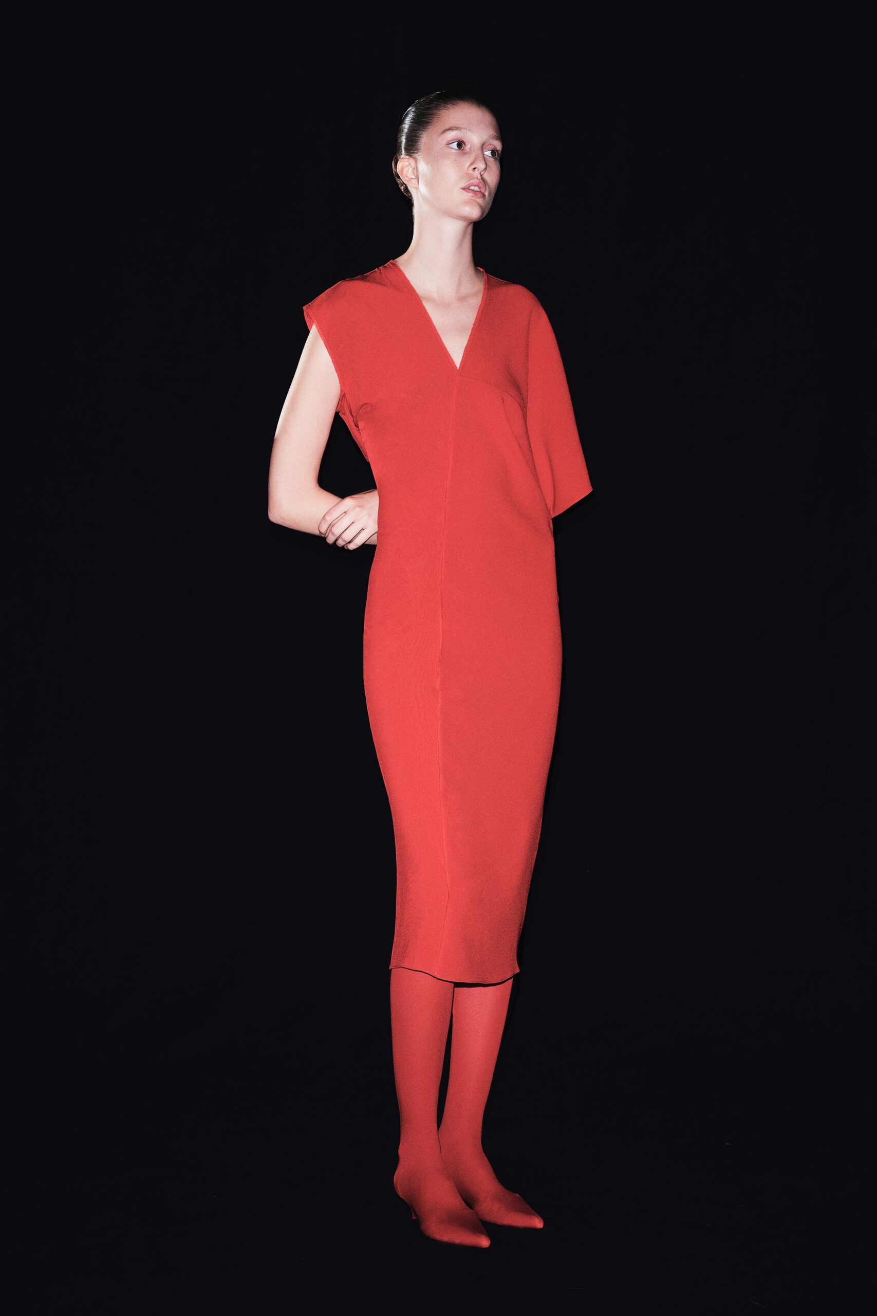red fitted midi dress