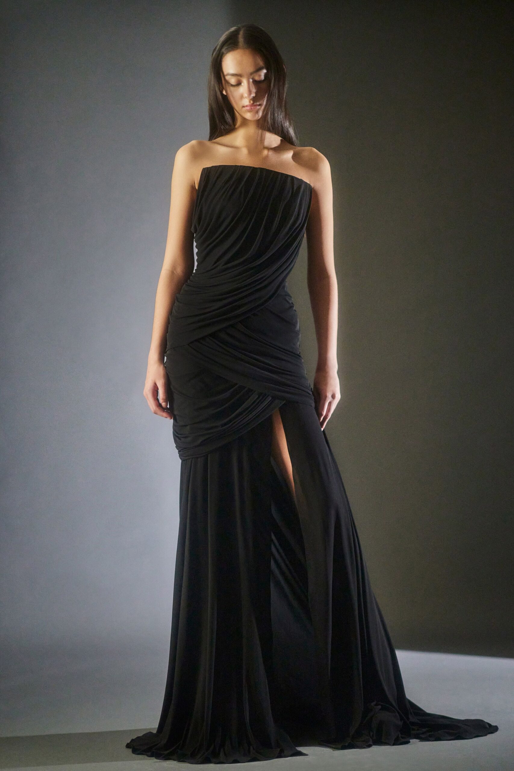 black silk strapless gown