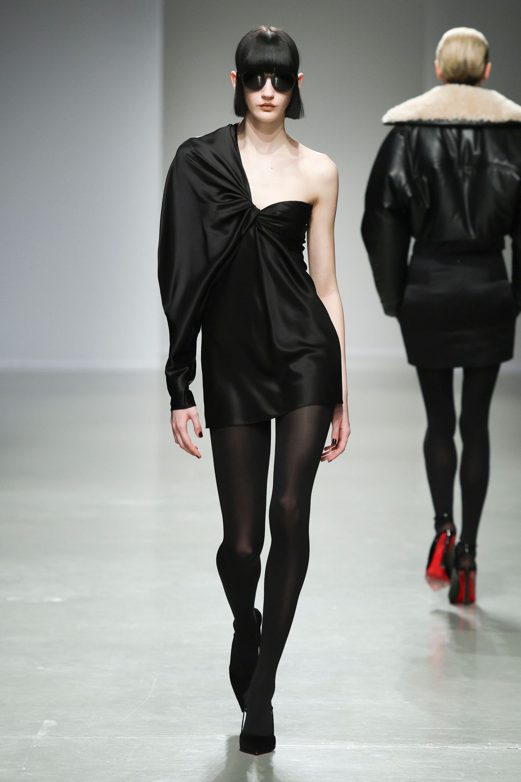 black silk sleeveless asymmetric fitted draped mini dress