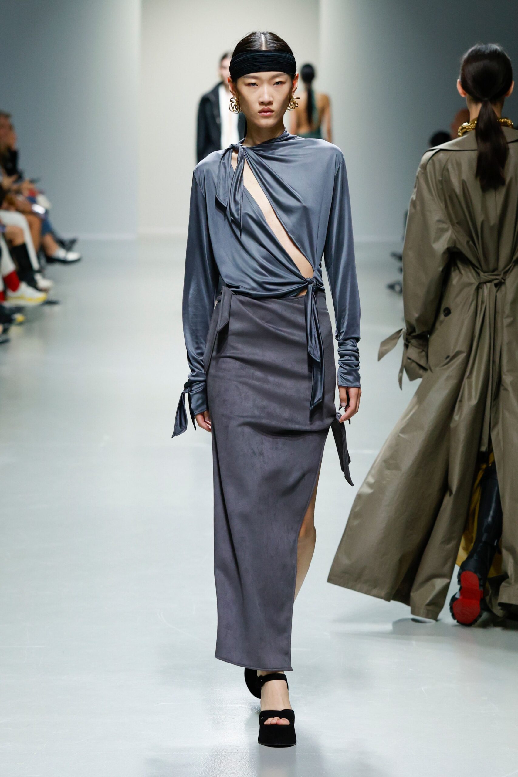gray suede slit fitted high-waisted midi skirt