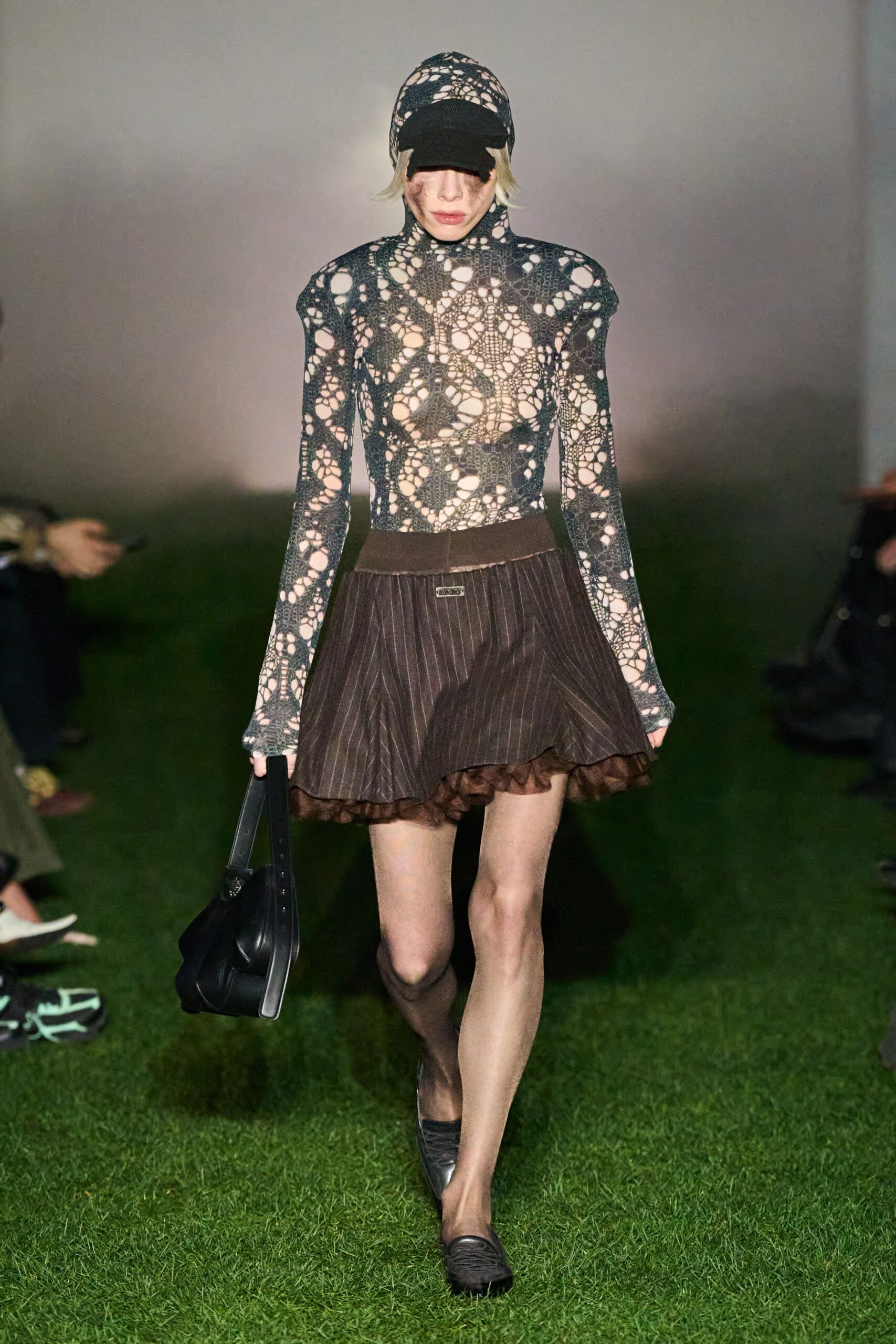 gray lace long-sleeve high-neck fitted embroidered sheer top