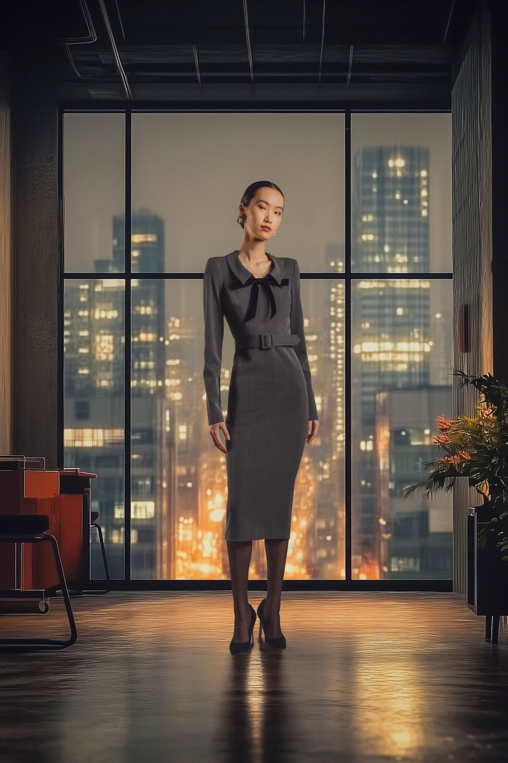 gray fitted midi dress with heels