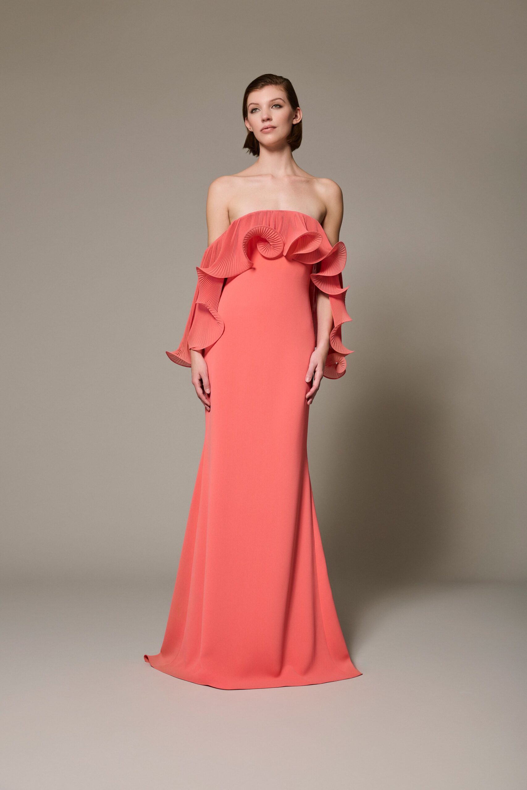 coral silk off-shoulder gown