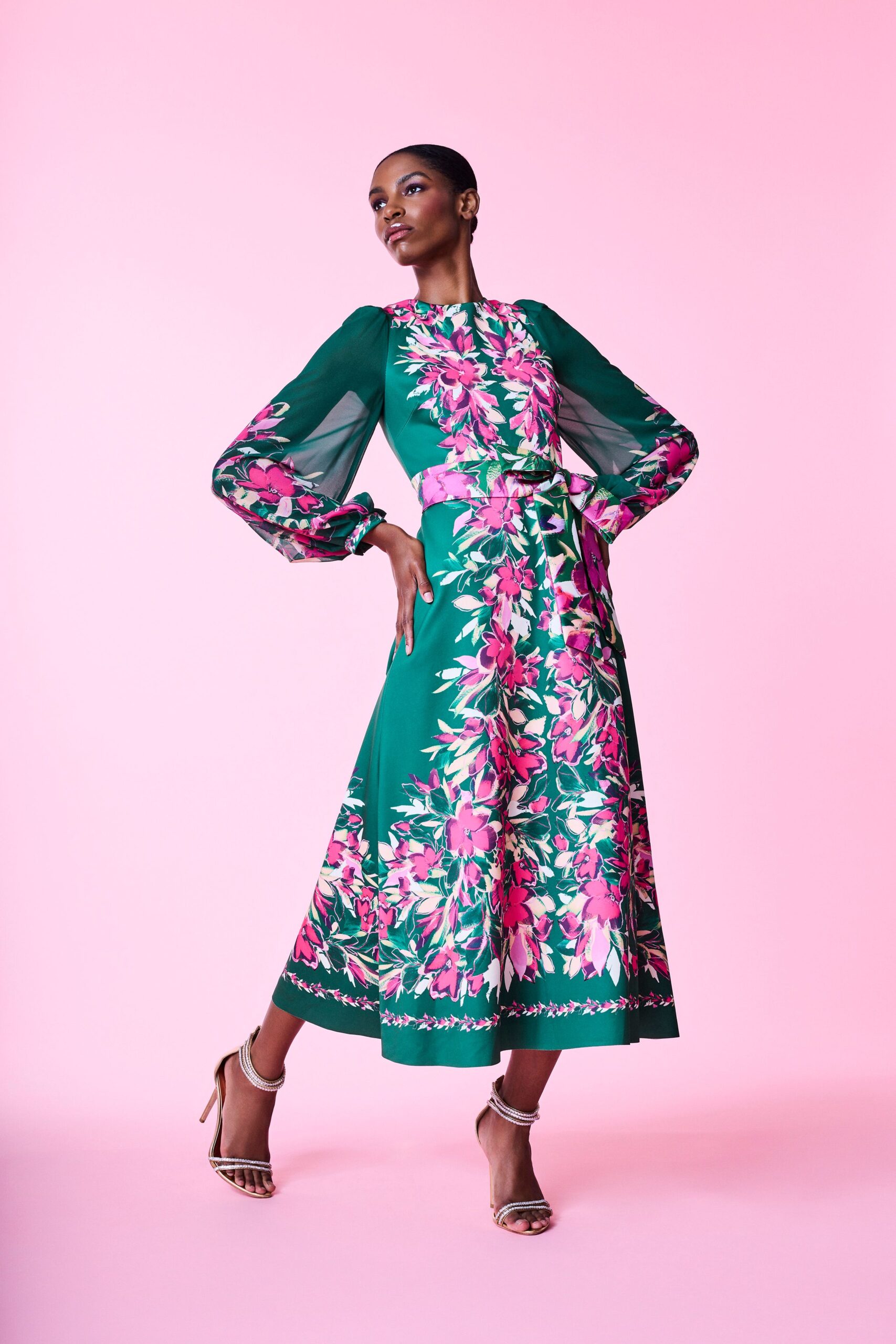 green silk long-sleeve collared fitted floral tiered dress
