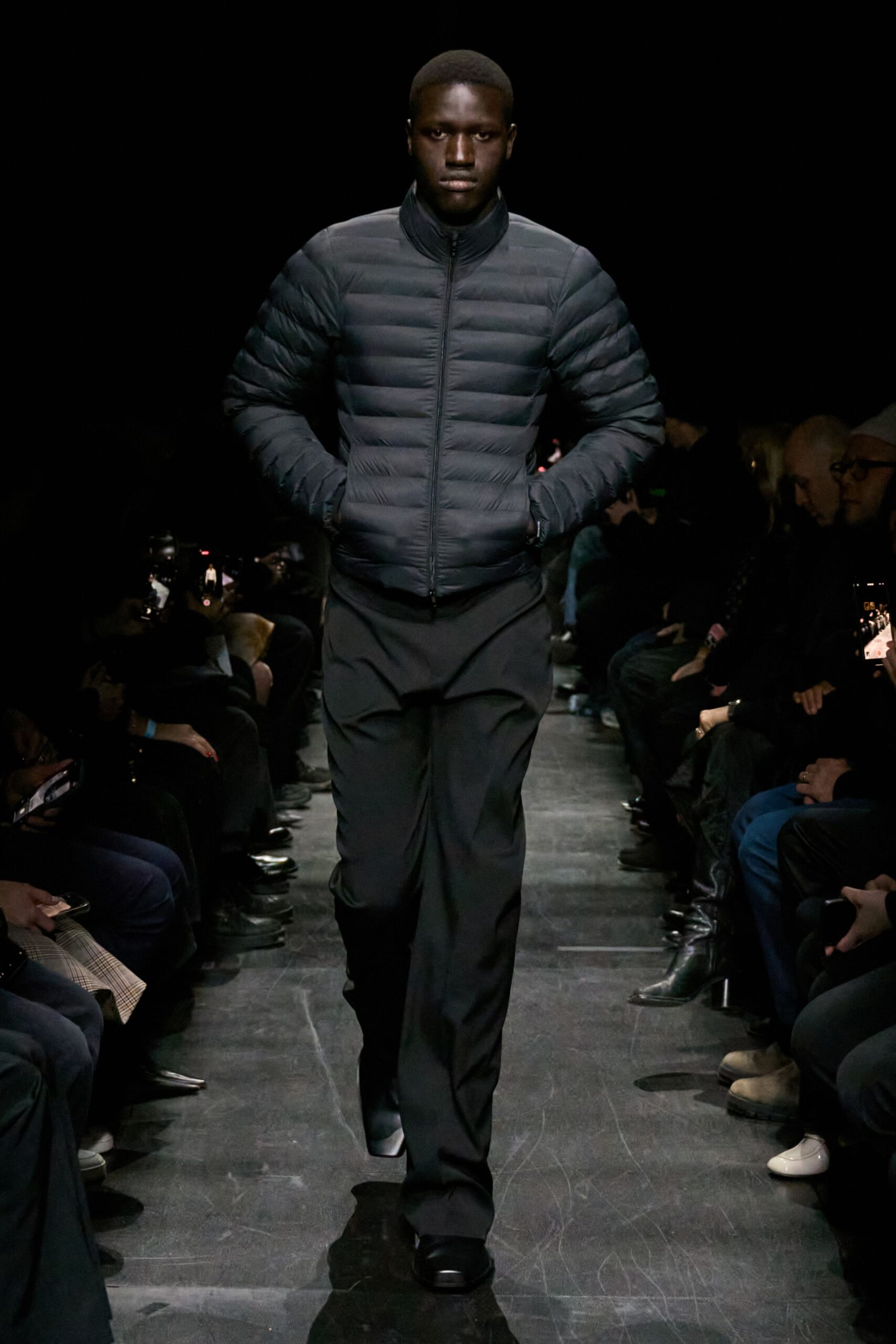 black fitted jacket with relaxed pants