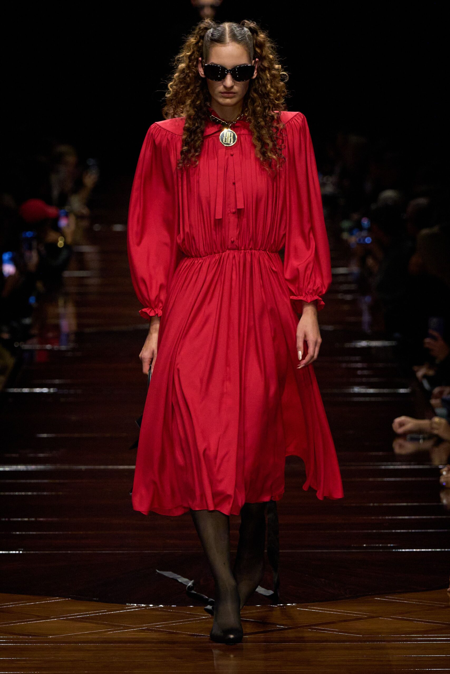 red silk midi dress with sleeves