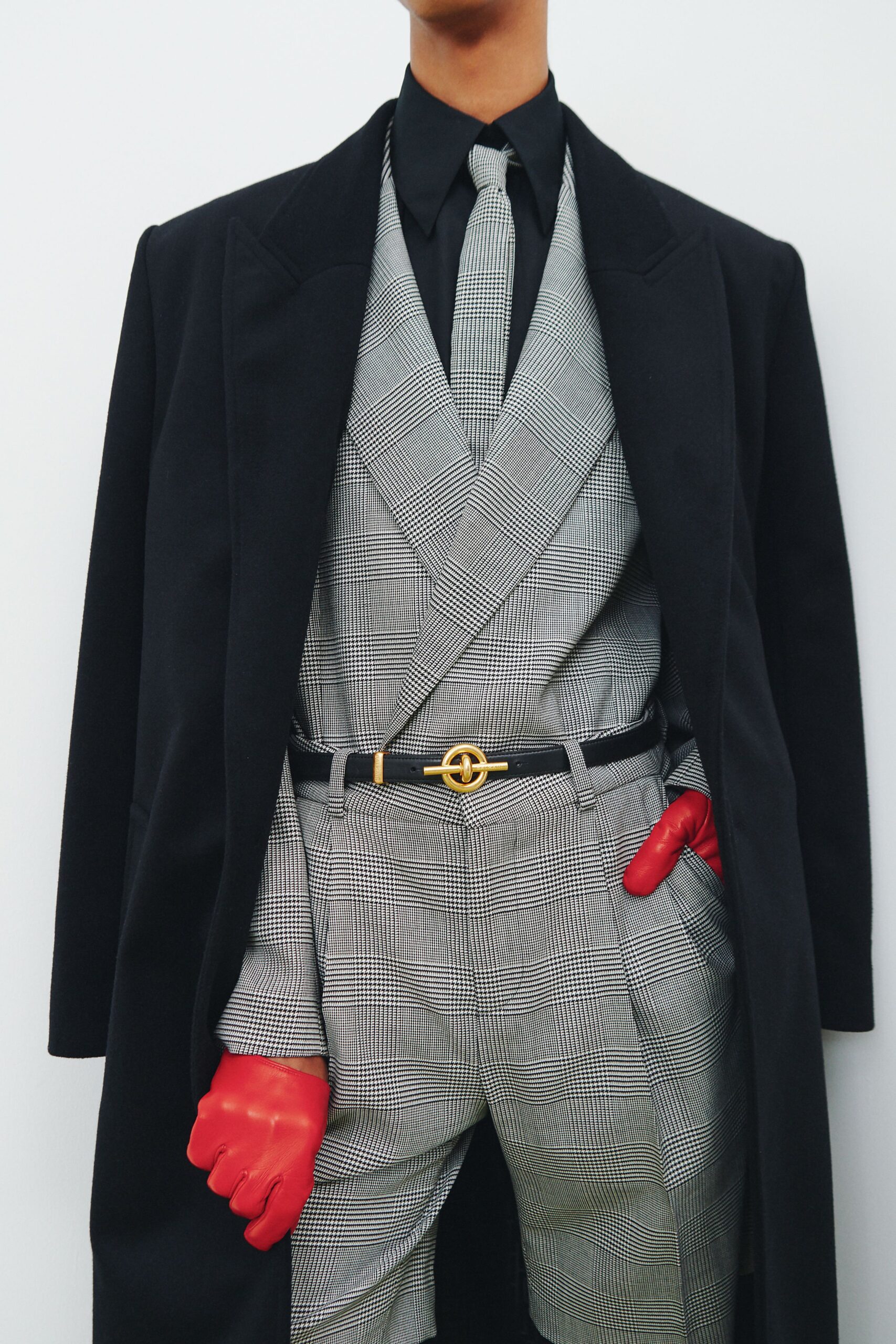 black wool long-sleeve collared structured checked belted suit