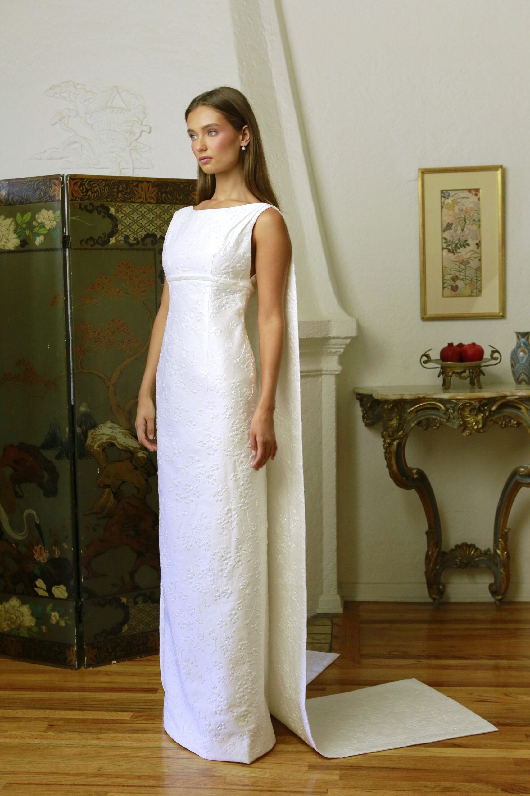 white silk sleeveless gown