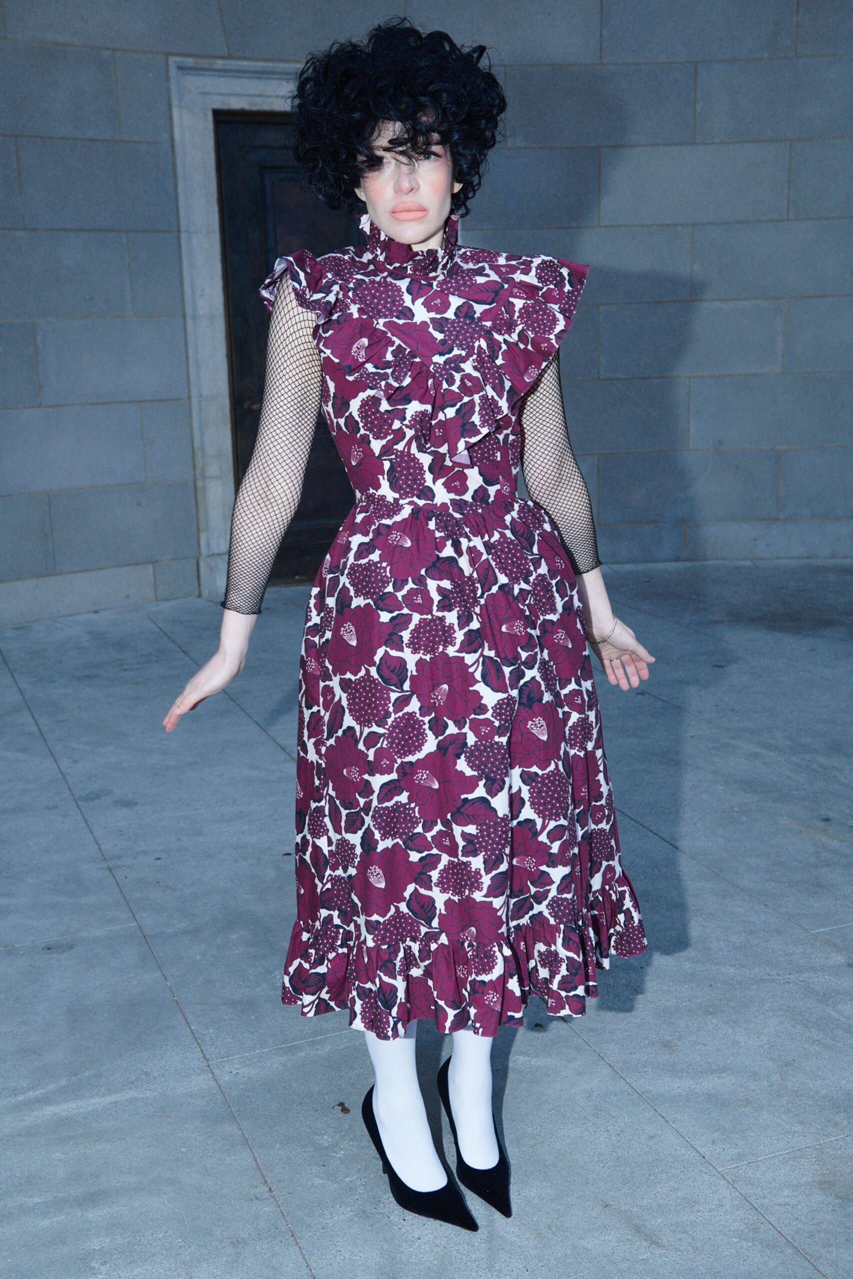 purple floral midi dress with black shoes