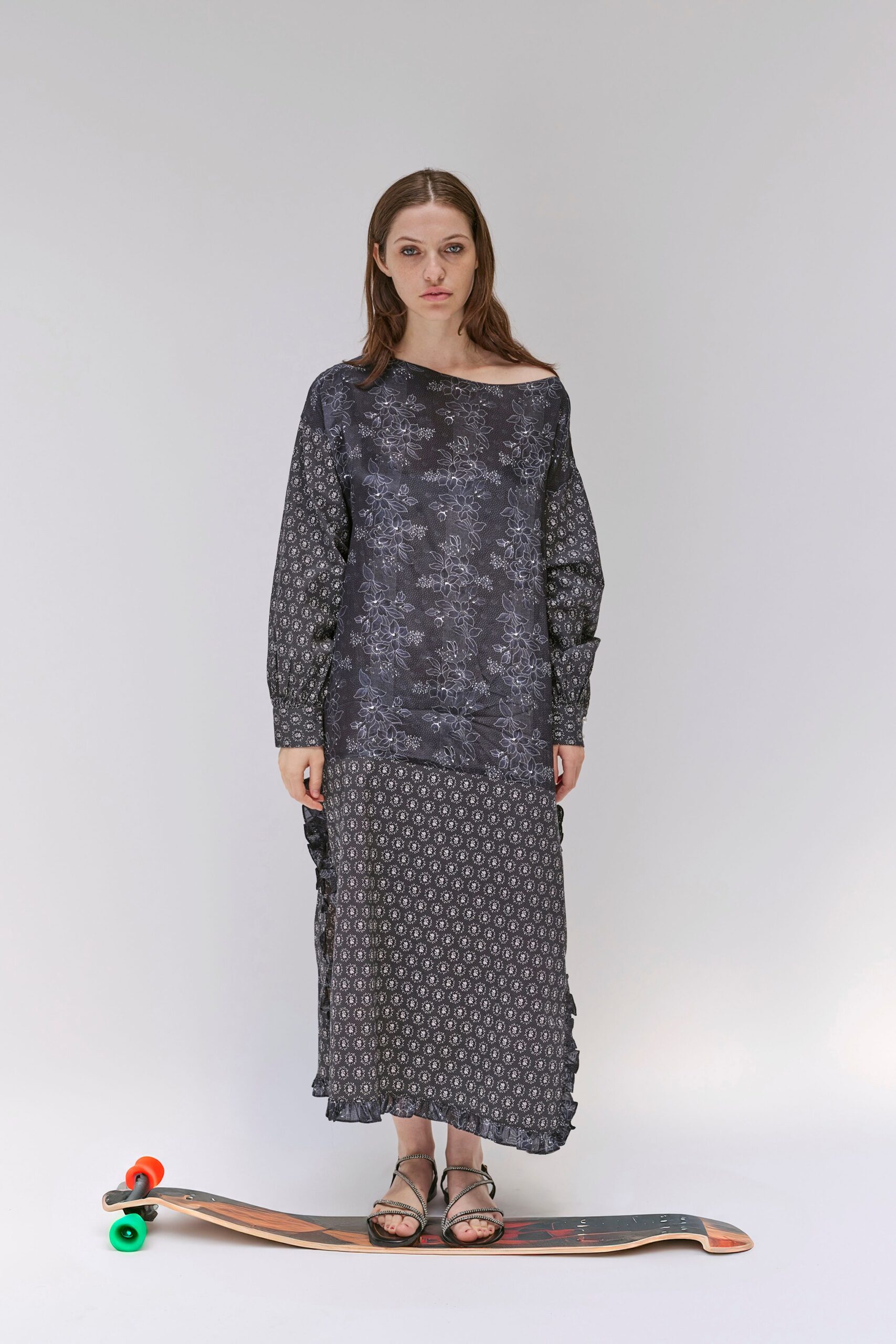 black silk long-sleeve off-shoulder relaxed printed layered dress