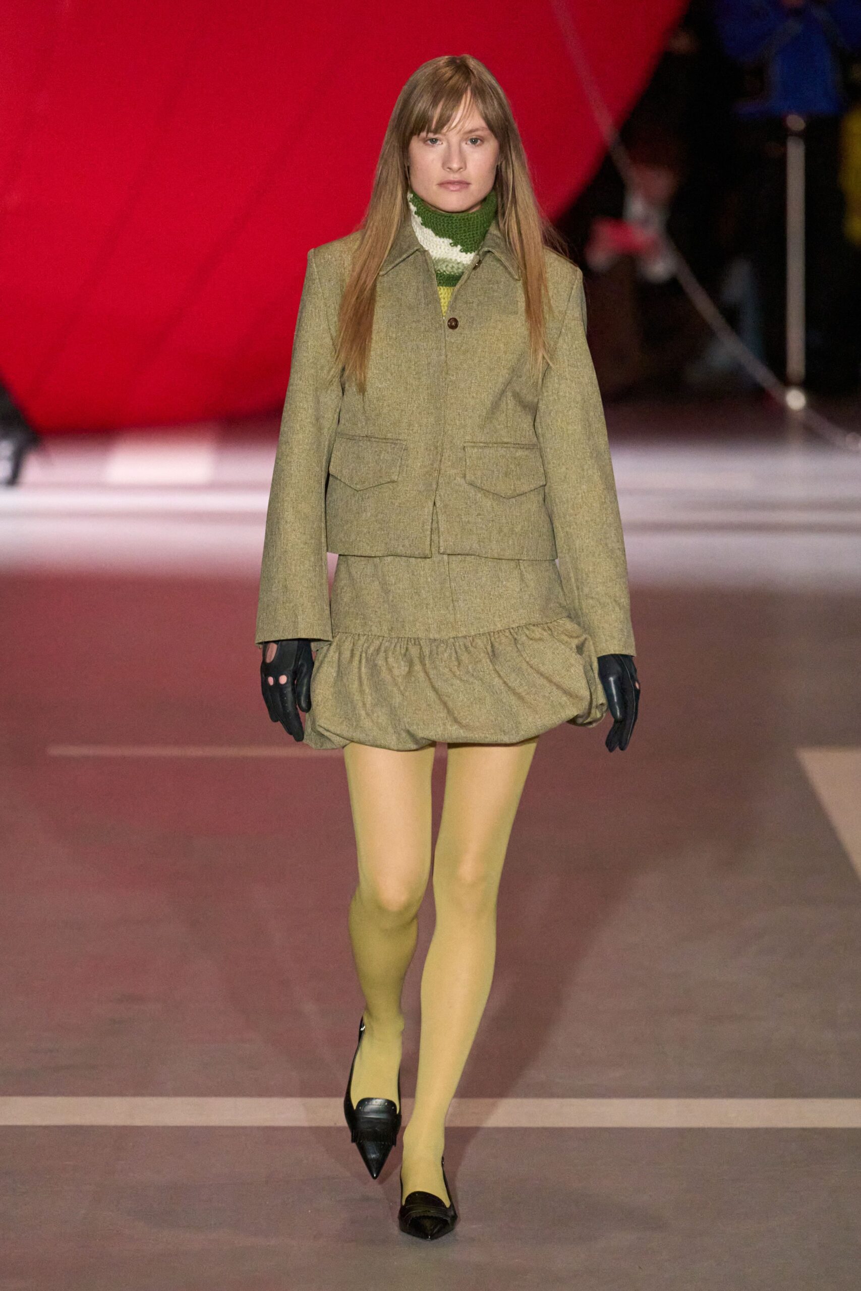 green tweed blazer with mini skirt