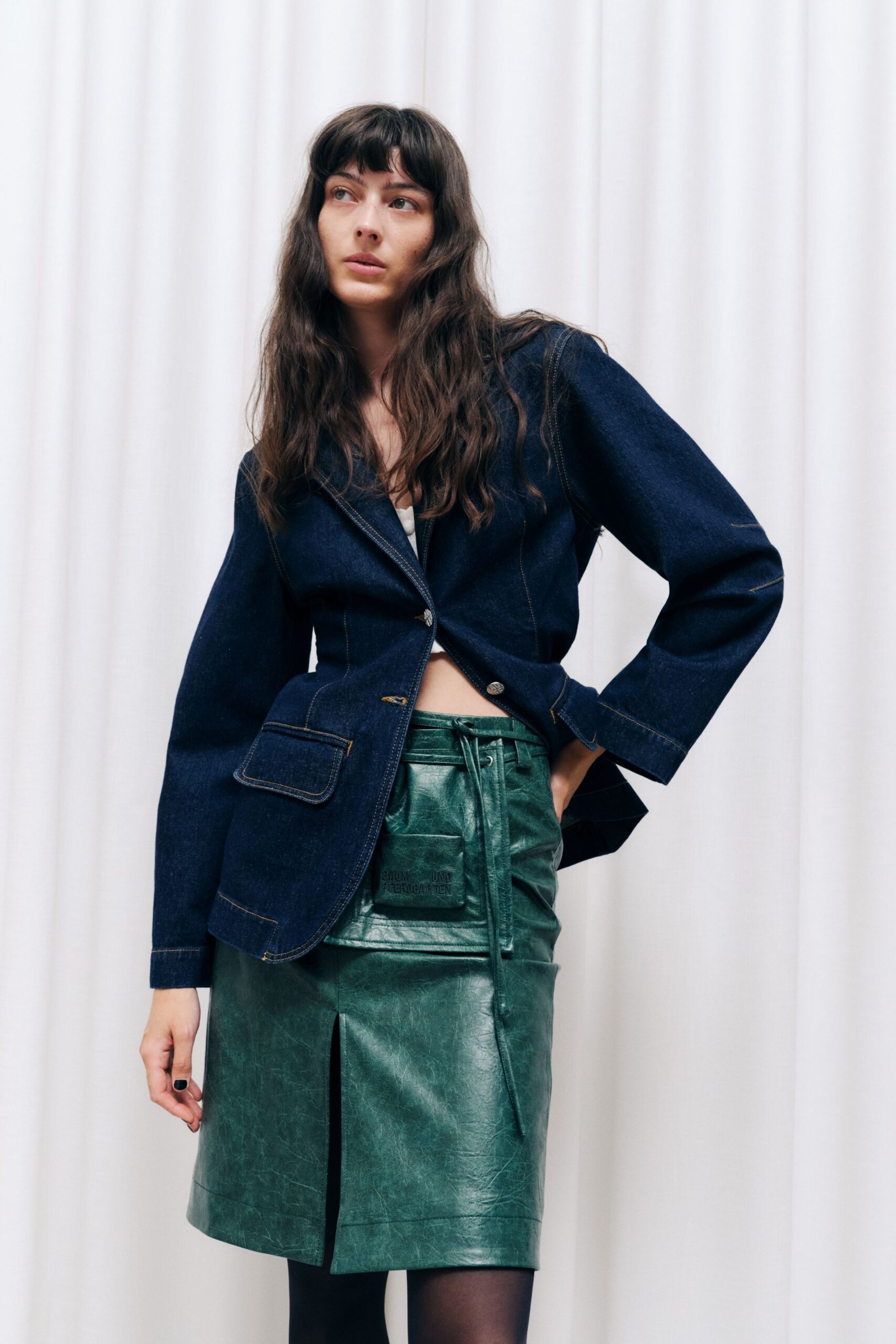blue denim long-sleeve collared structured buttoned pockets jacket