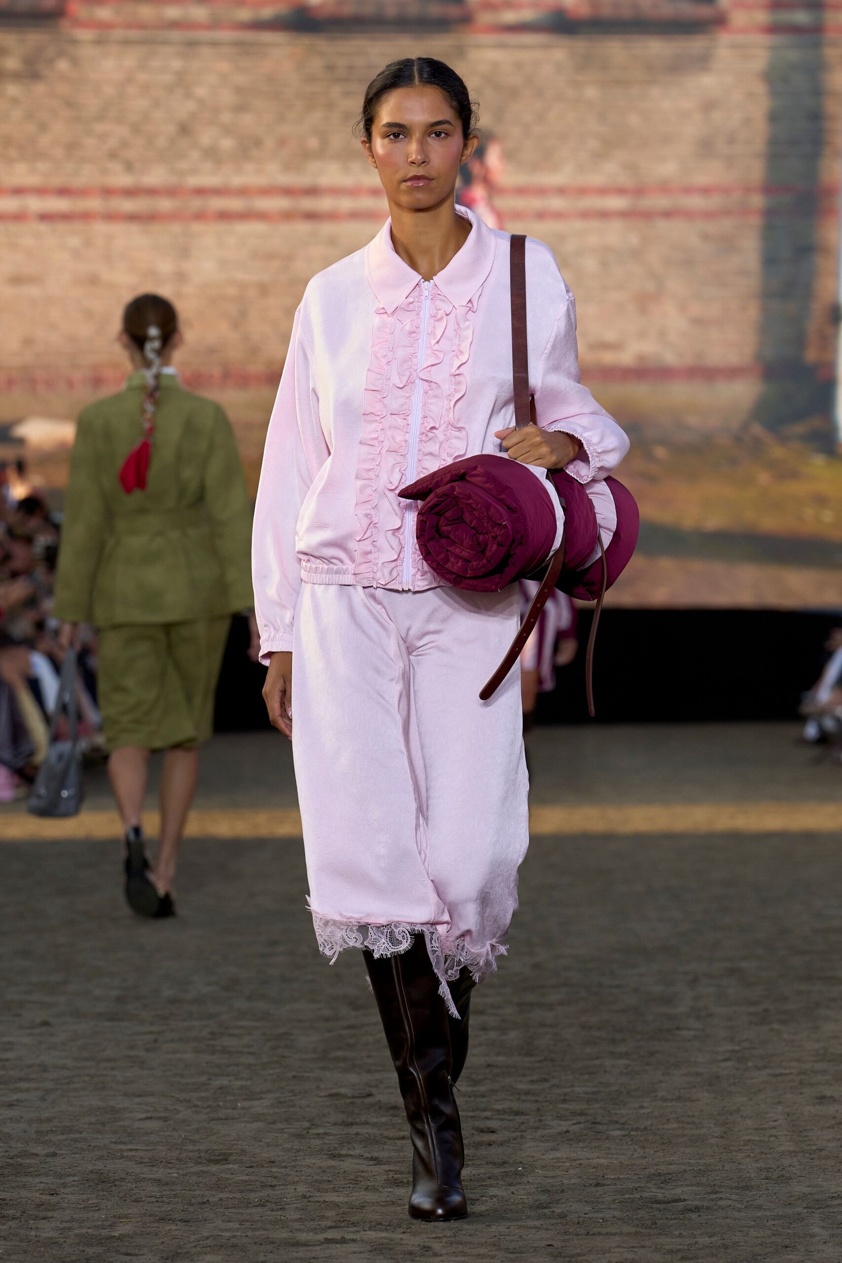 pink cotton long-sleeve collared oversized zippered ruffled jacket