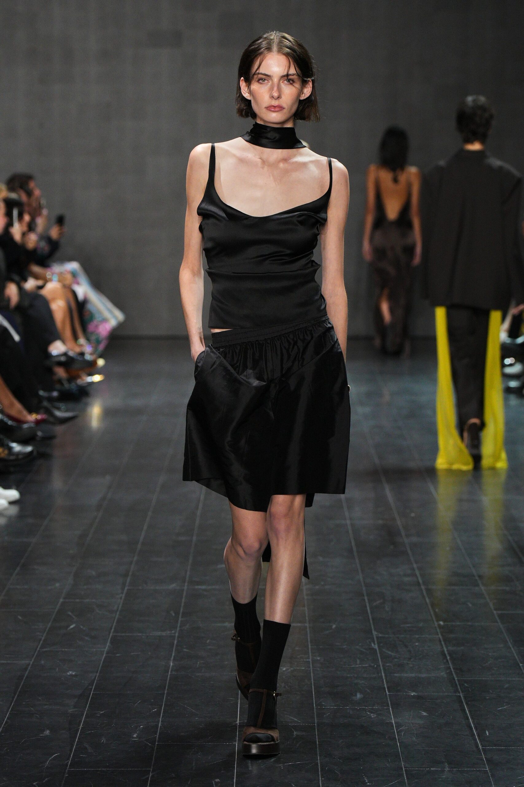 black satin top and skirt