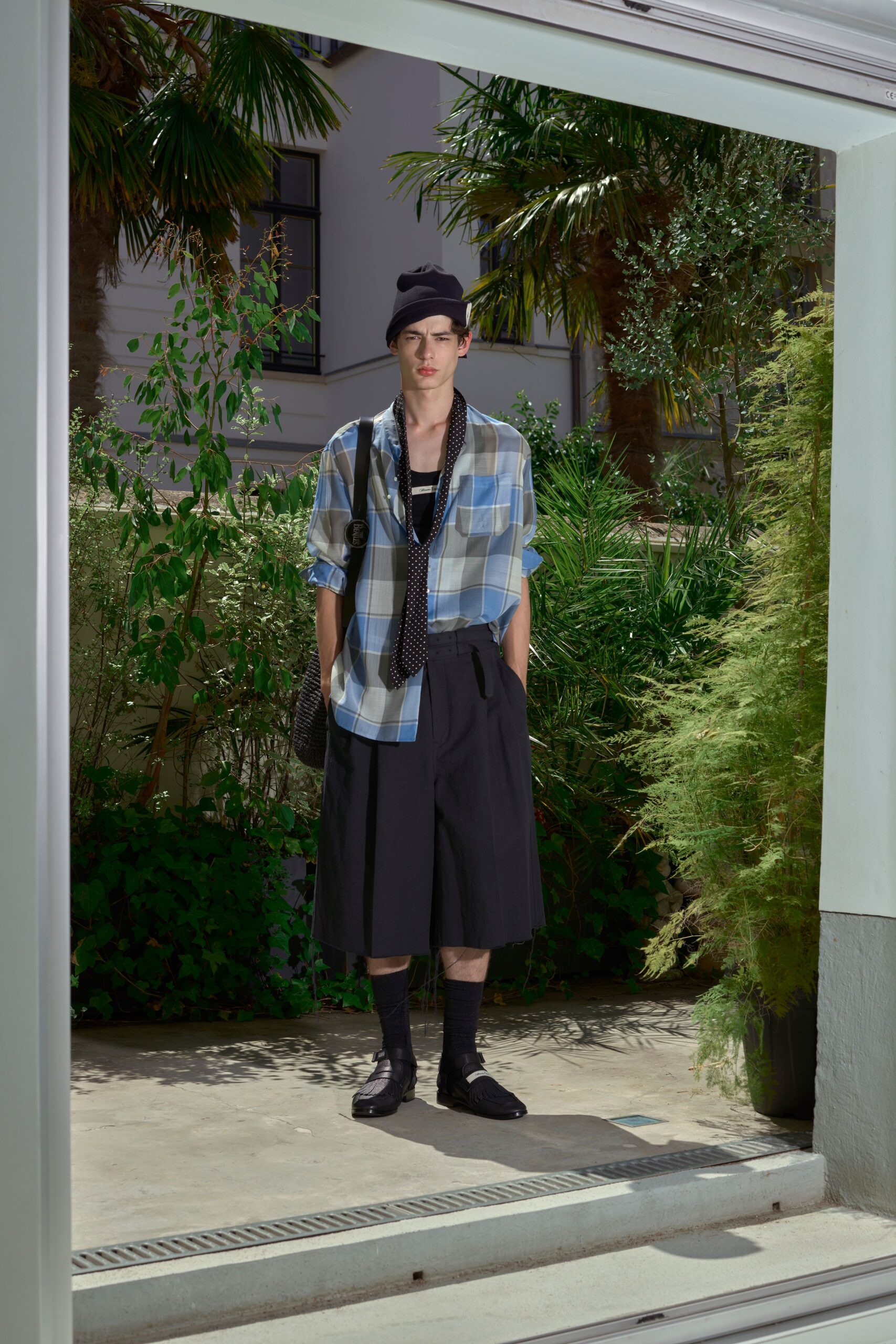 plaid shirt with wide pants