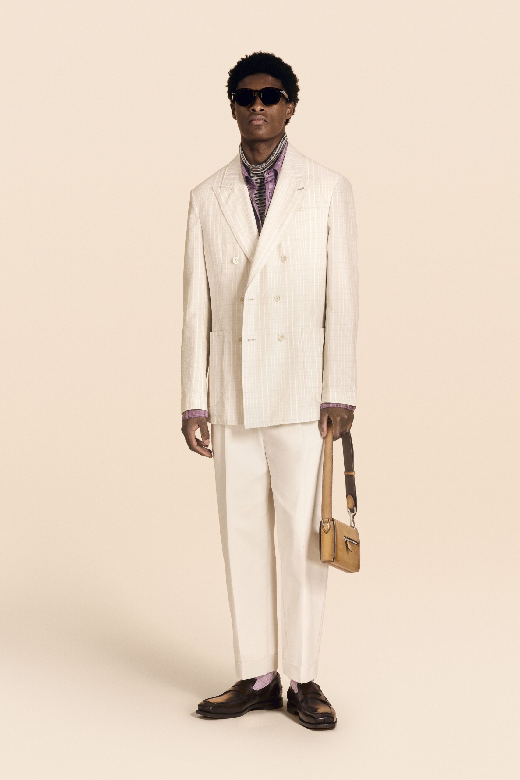 white wool long-sleeve collared structured checked buttoned blazer