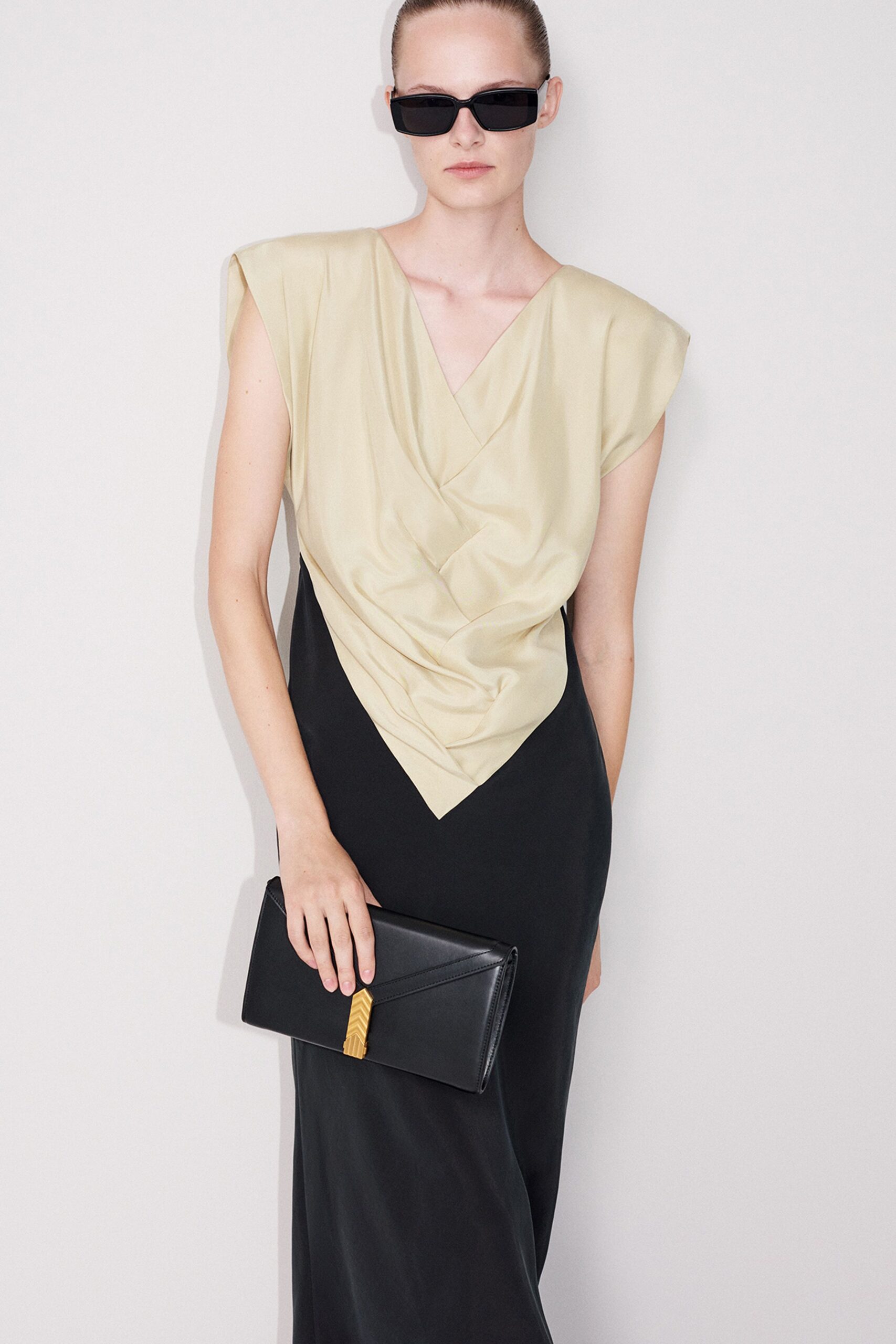 black and beige draped maxi dress