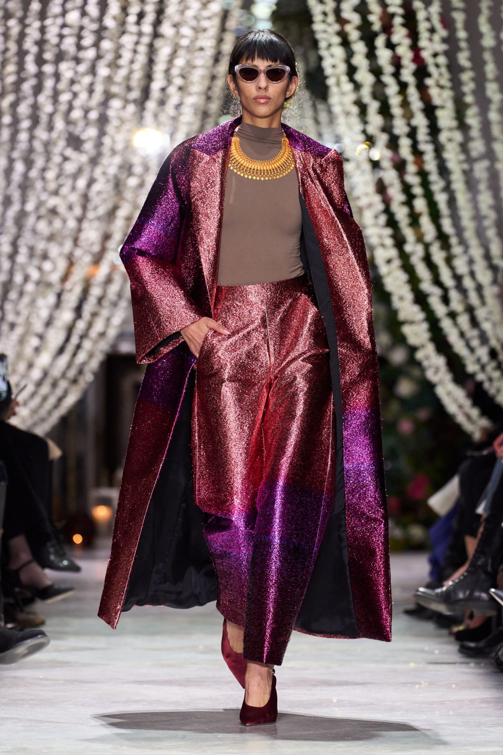 red silk relaxed wide-leg shiny pants