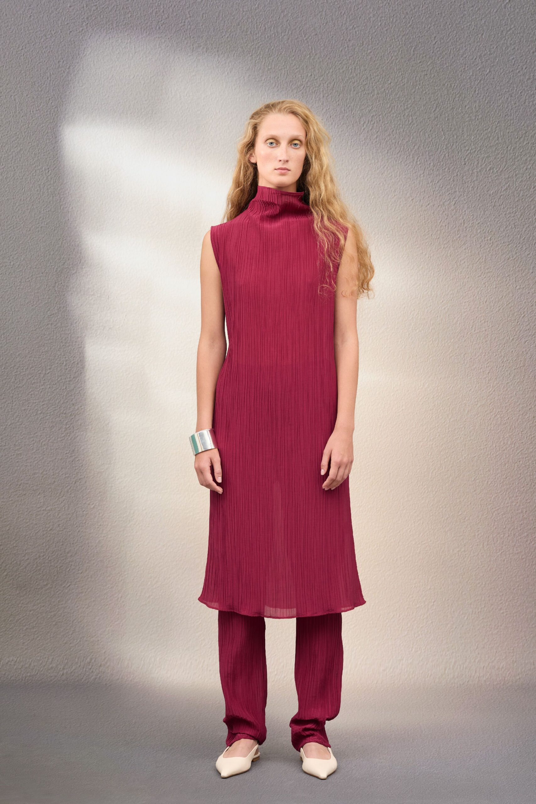 red pleated midi dress with pants