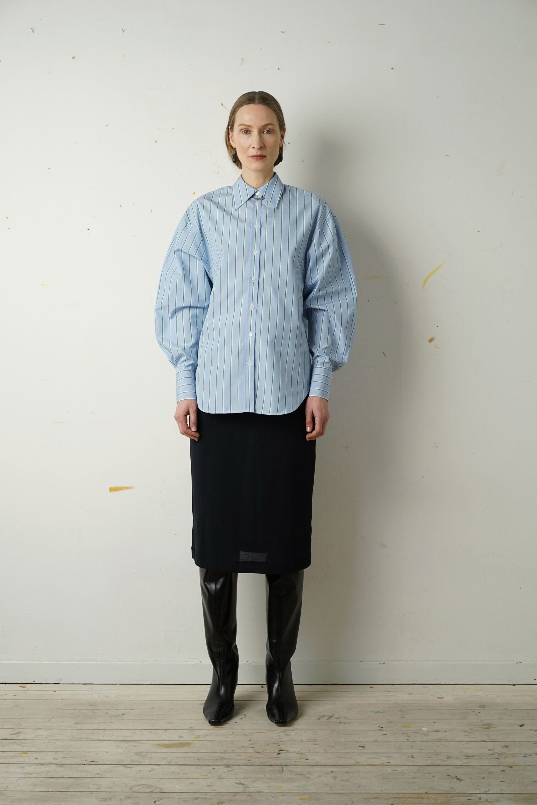 blue striped shirt black skirt