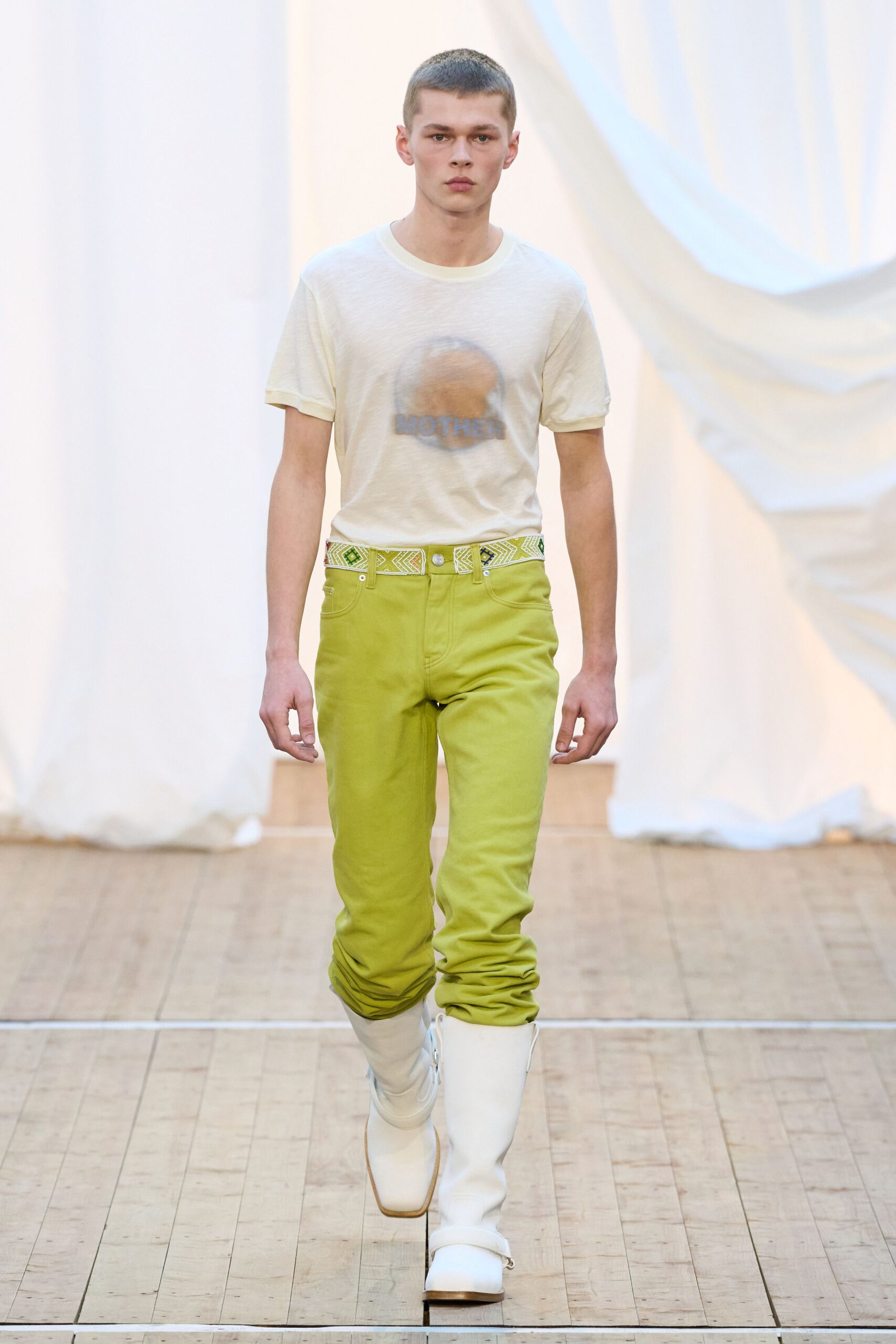green denim fitted straight-leg pants
