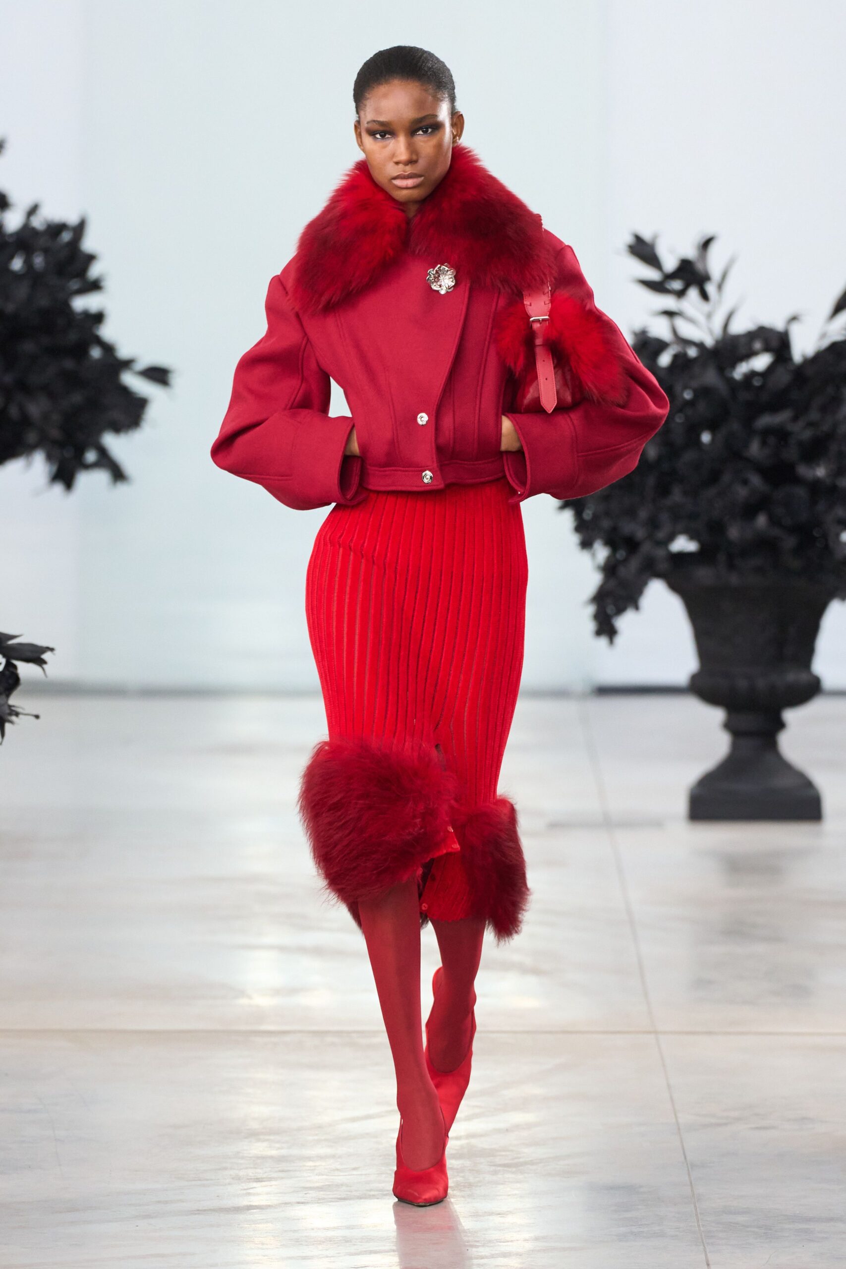 red wool long-sleeve collared fitted zippered jacket