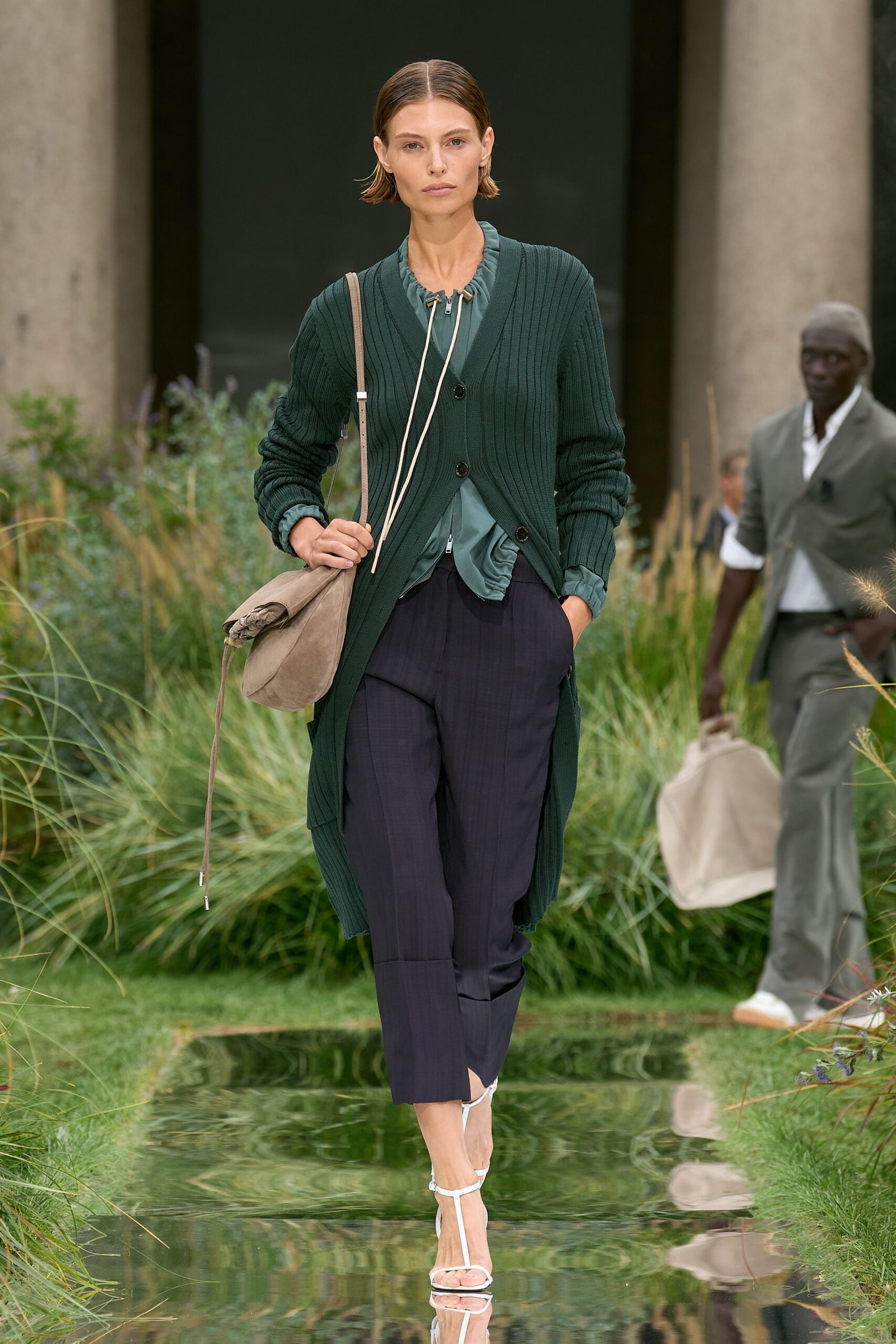 green cotton long-sleeve collared relaxed ribbed midi cardigan