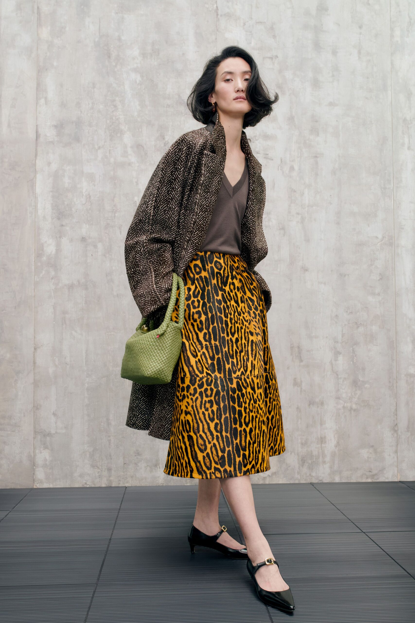brown fur coat with animal-print skirt