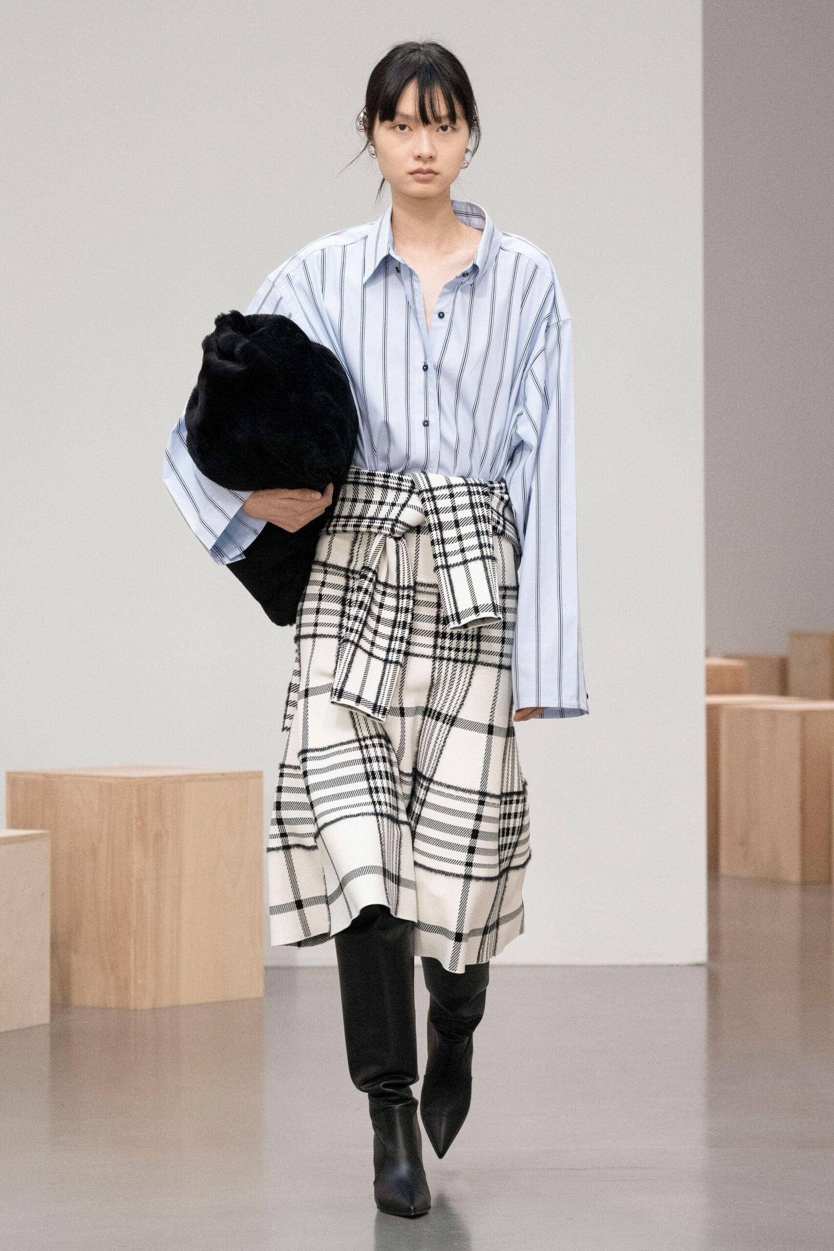 blue striped shirt with midi skirt