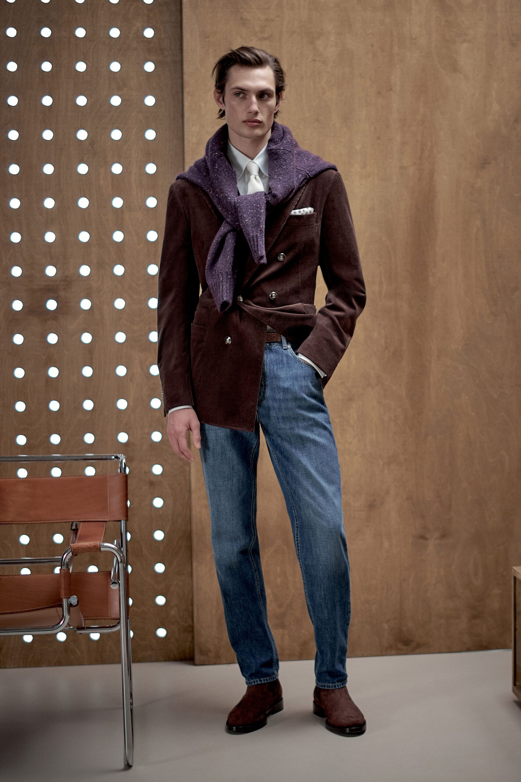 brown tailored blazer with purple scarf