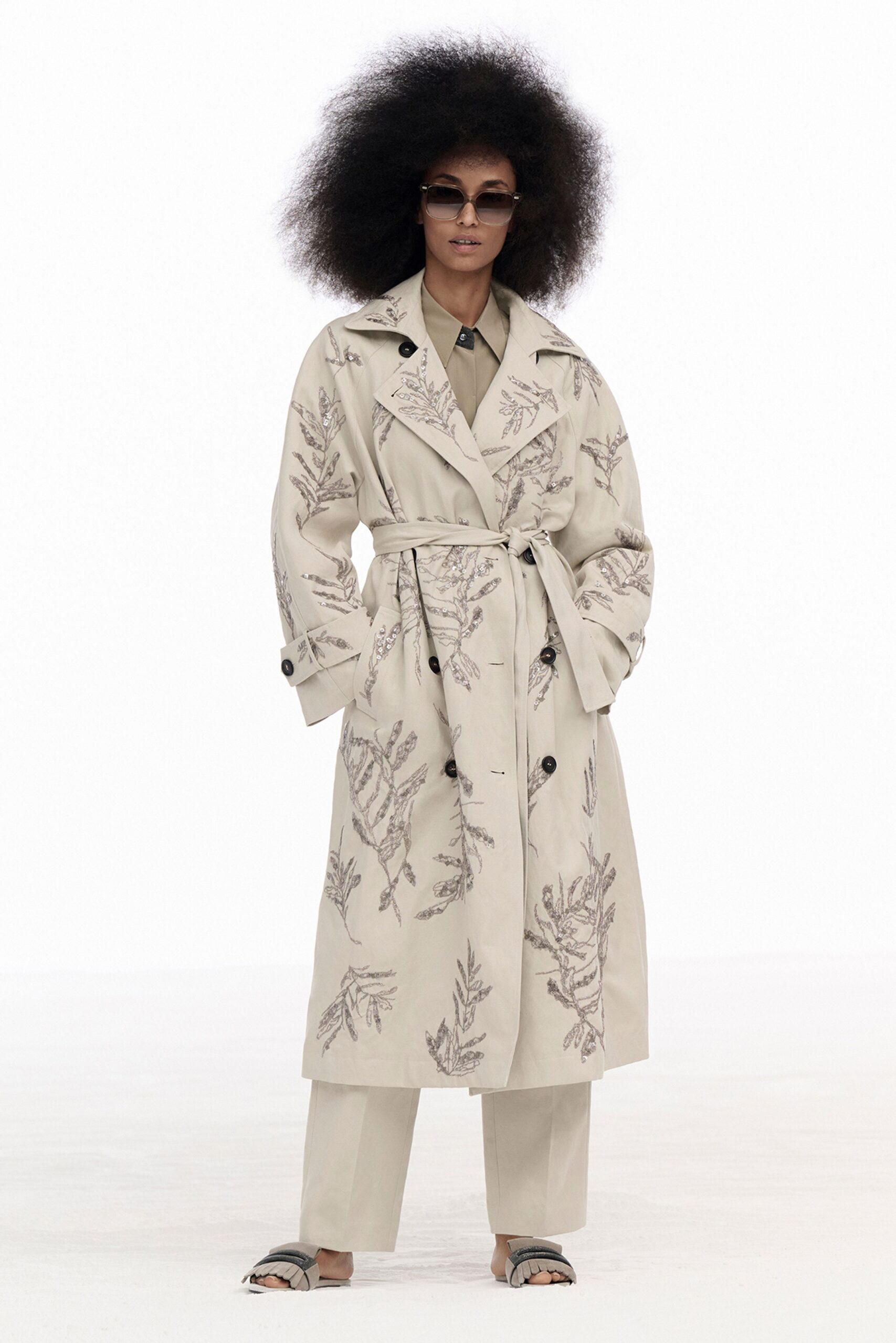 beige embroidered trench coat