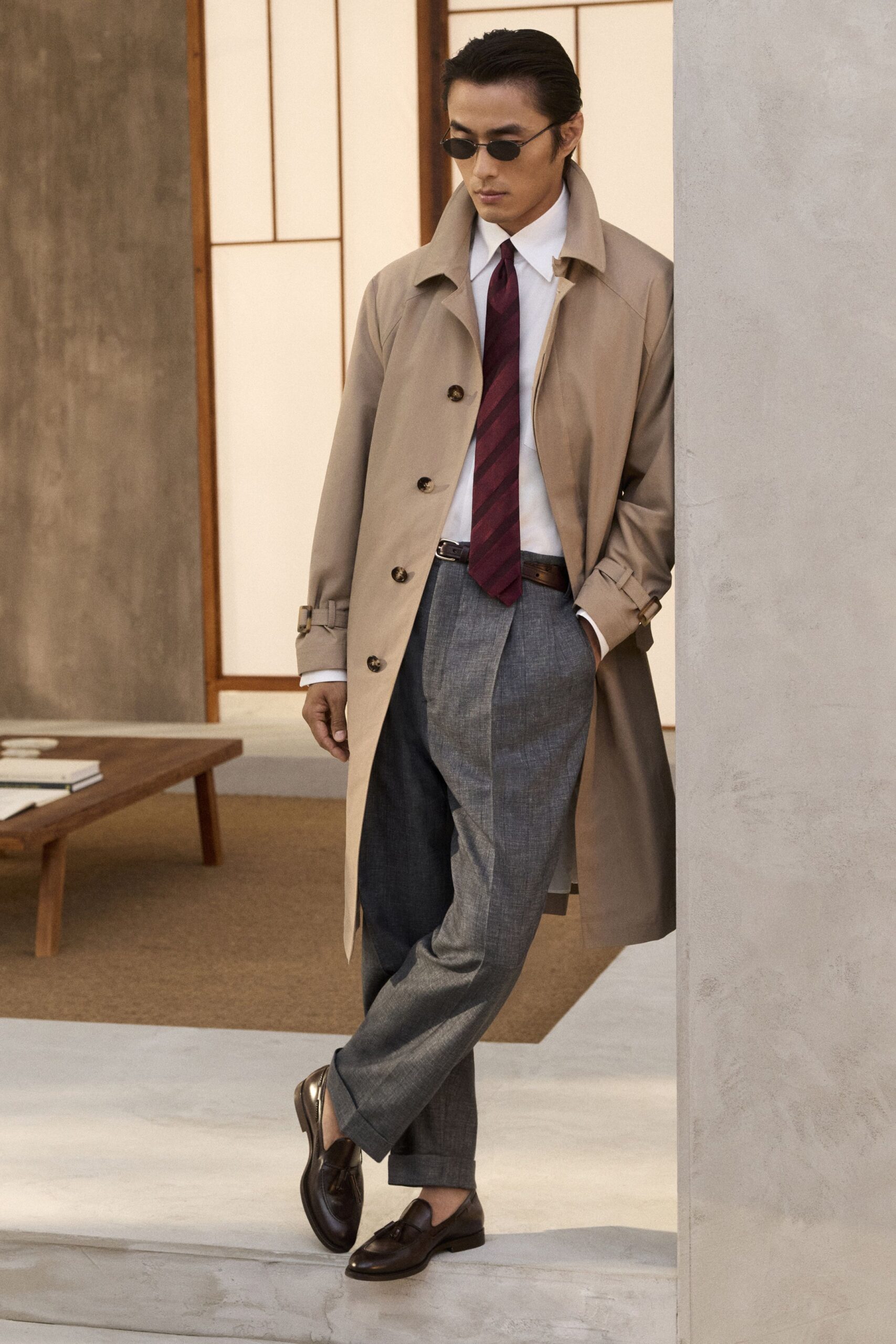 beige cotton long-sleeve collared structured buttoned belted trench