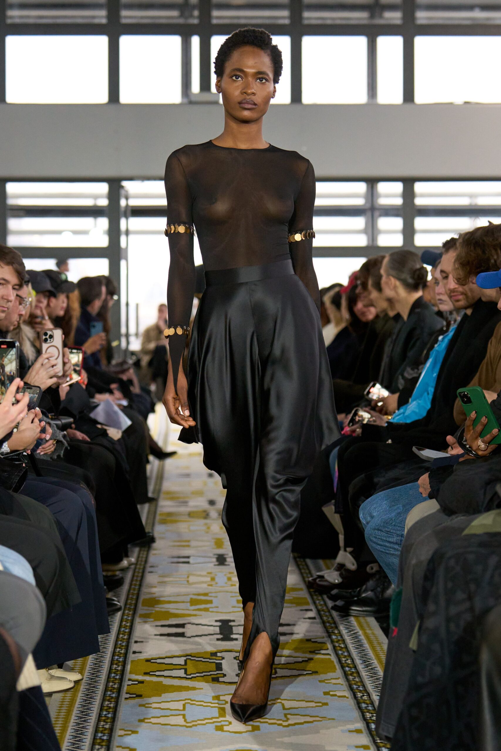 black mesh top with silk pants