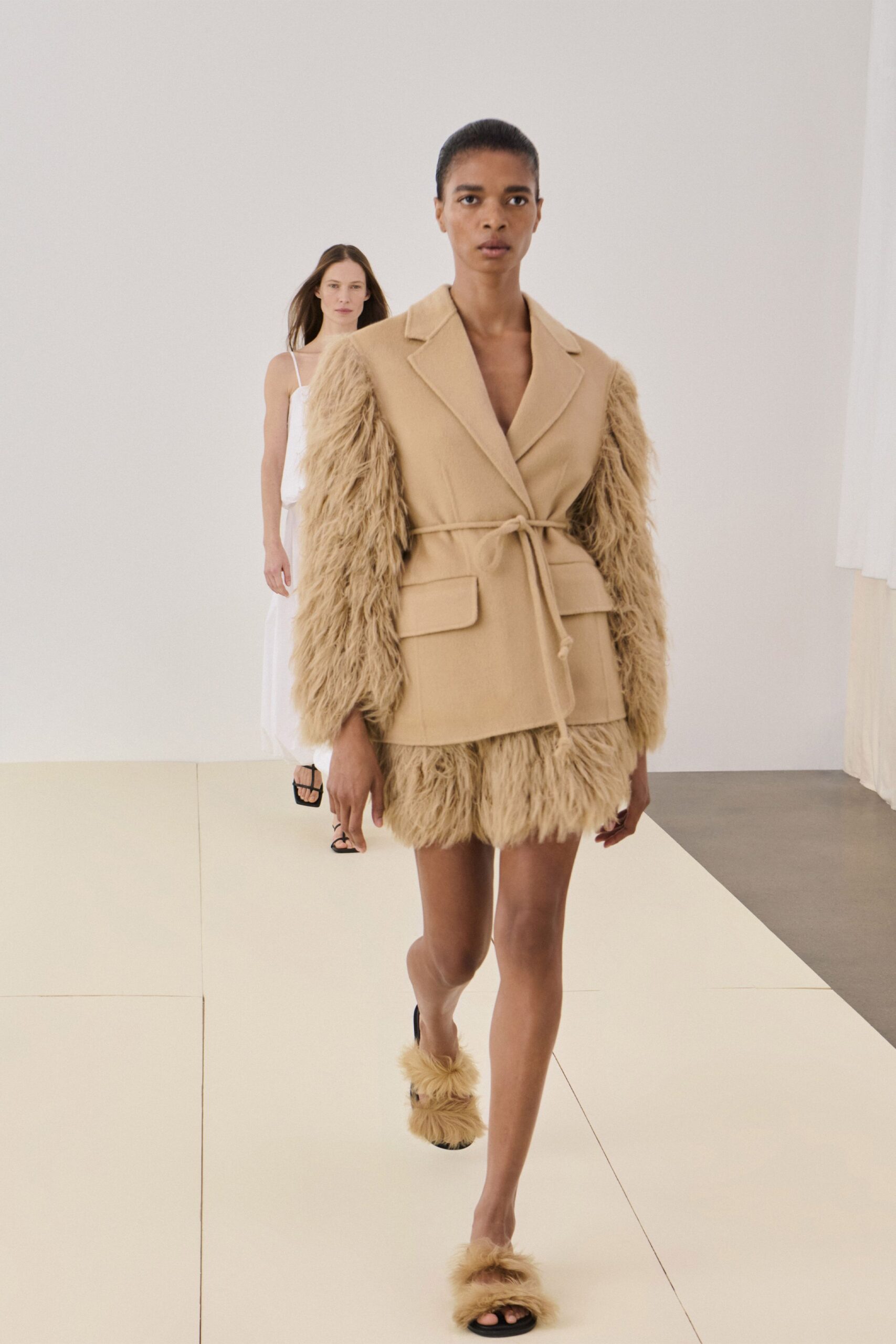 beige wool long-sleeve collared tailored belted blazer