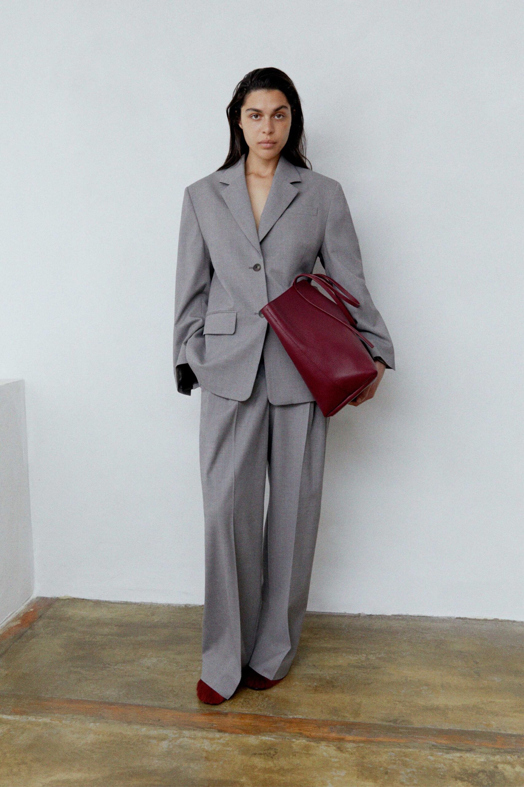 gray wool relaxed wide-leg textured pants