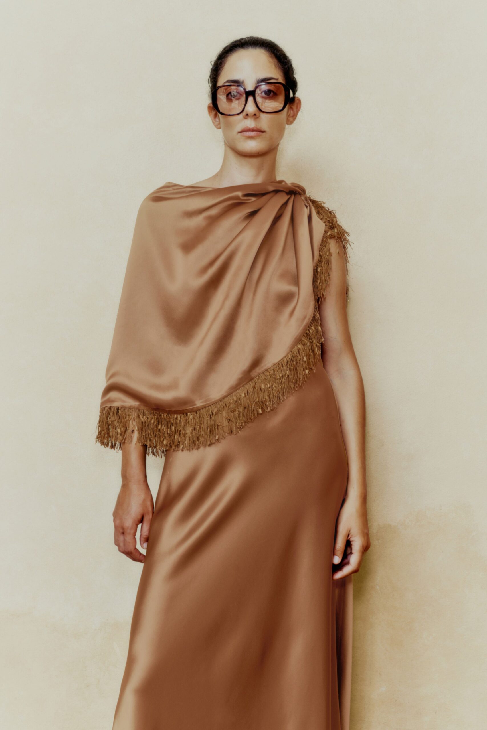 brown silk sleeveless gown