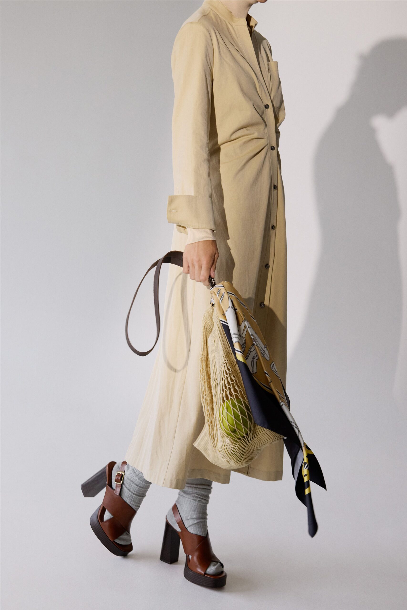beige fitted long-sleeve dress