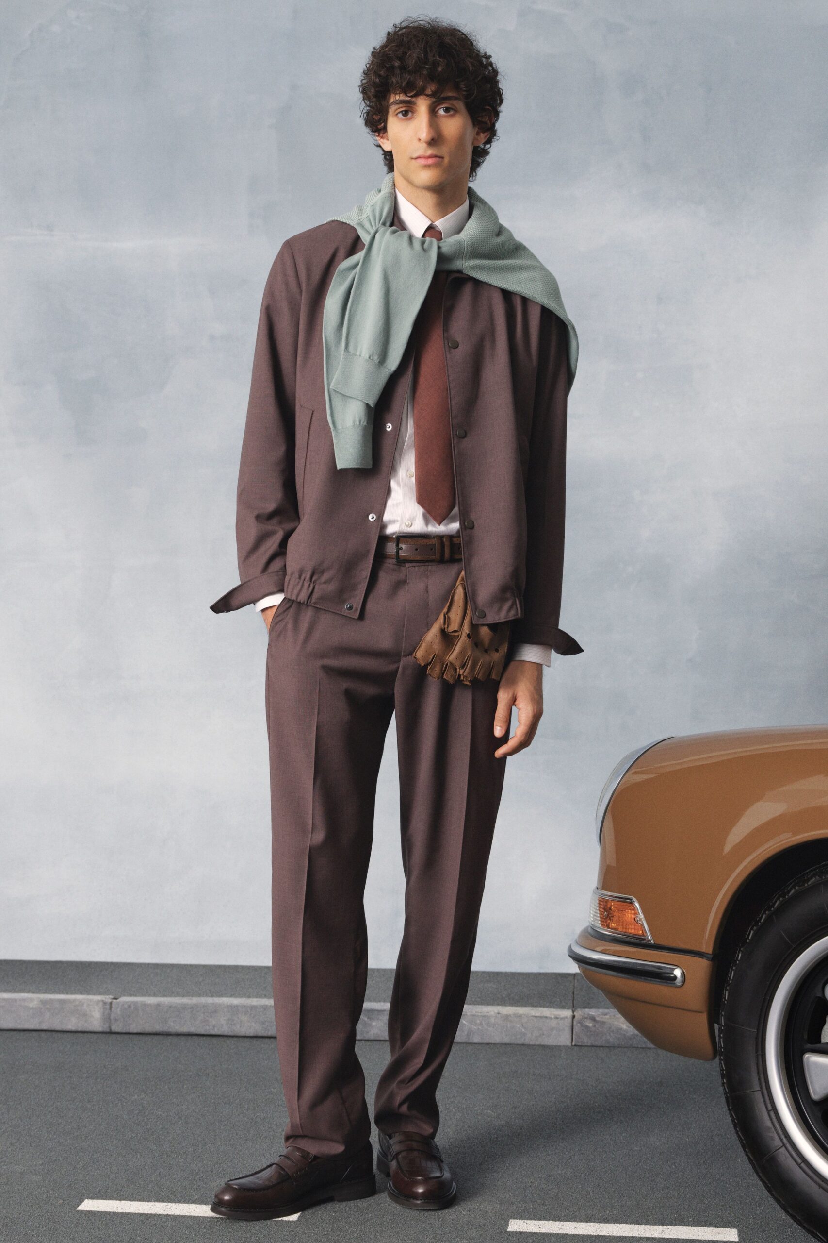 brown wool long-sleeve collared relaxed buttoned pockets jacket