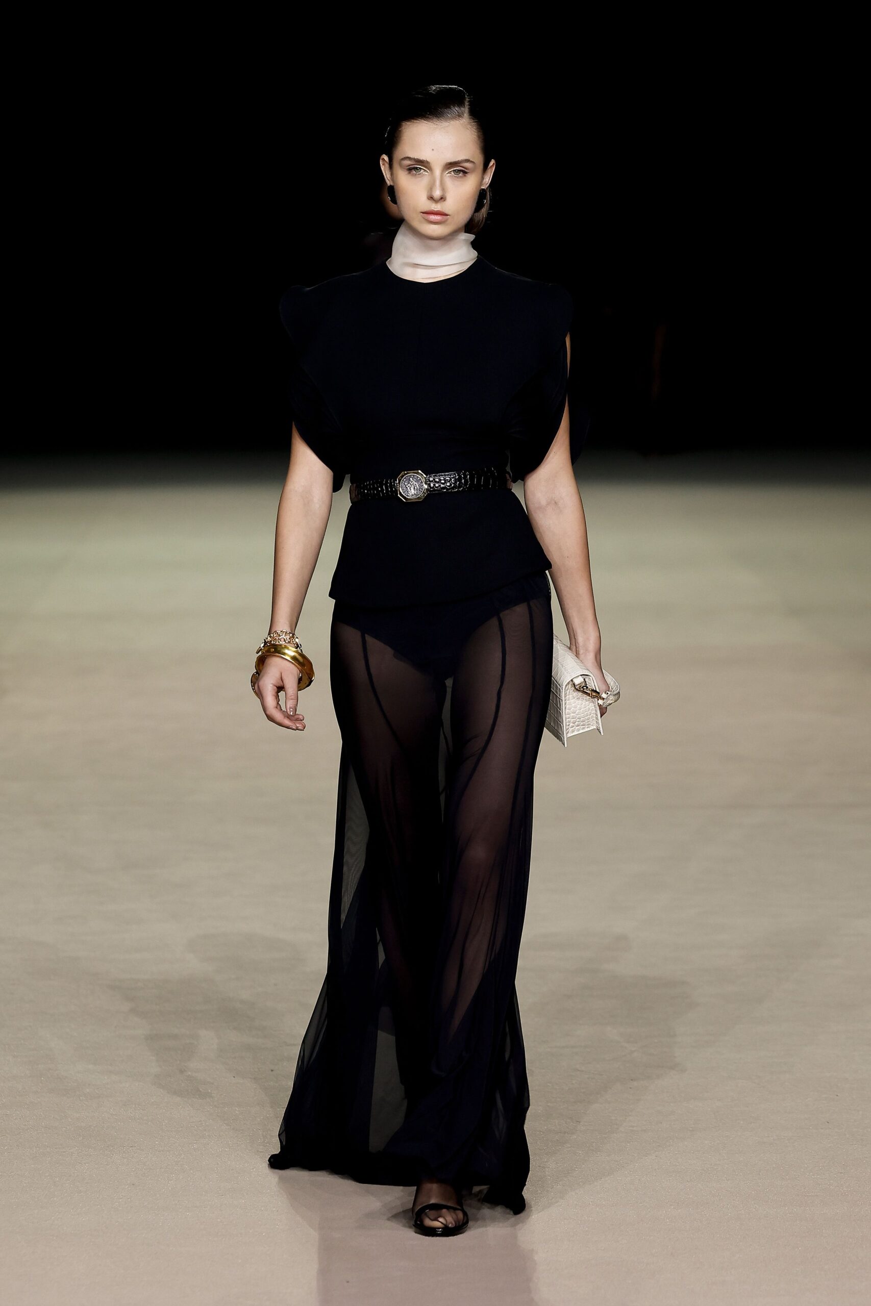 black fitted top with sheer pants