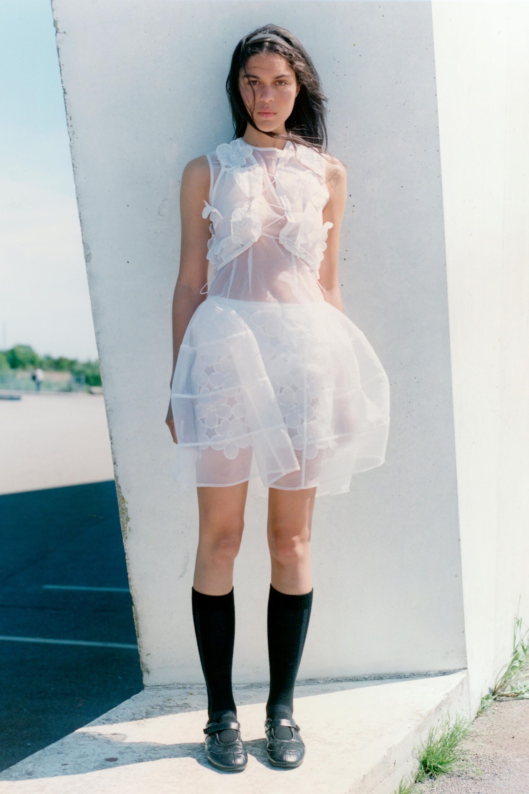 white tulle sleeveless high-neck fitted layered embellished dress