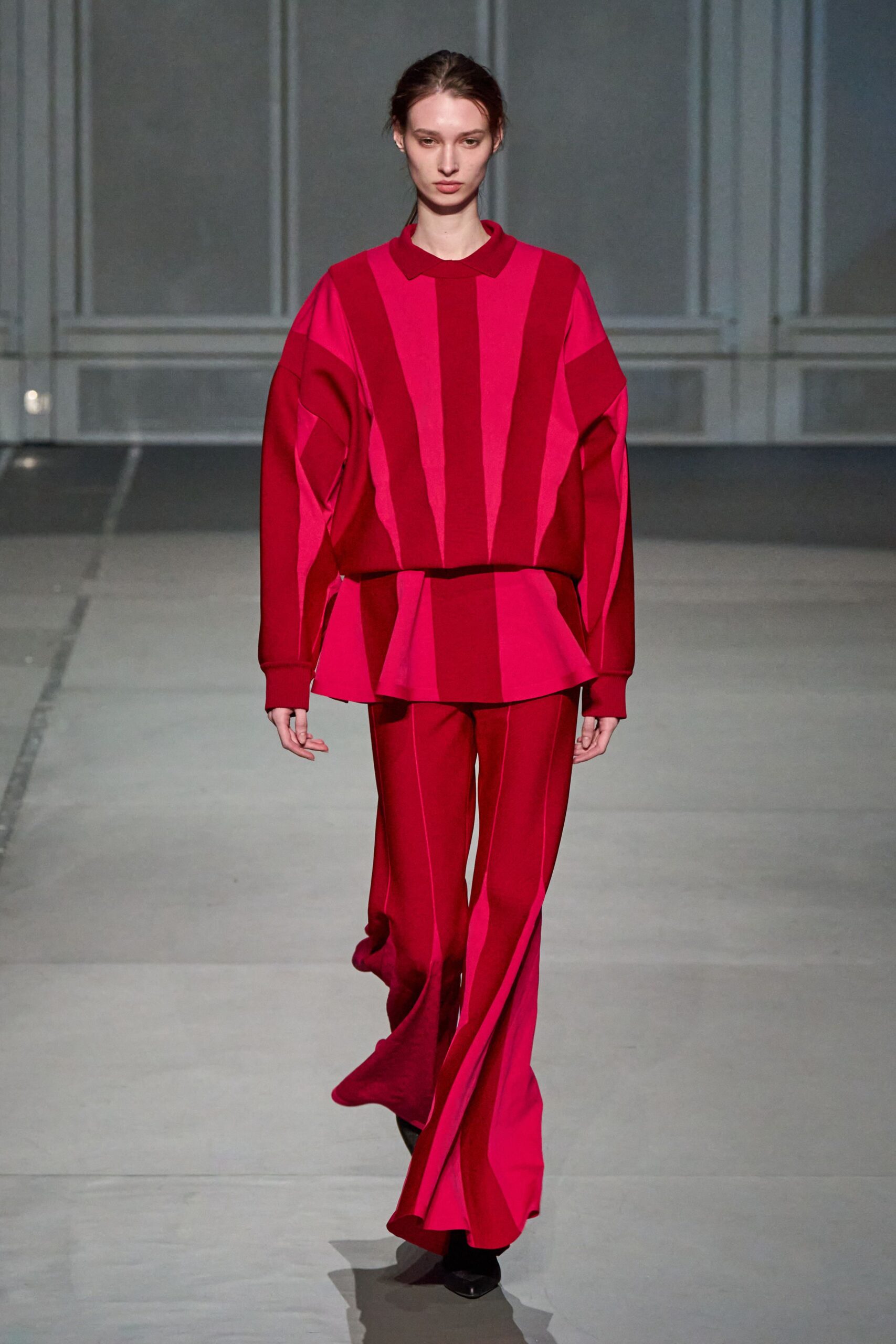 oversized red pink top with wide-leg pants