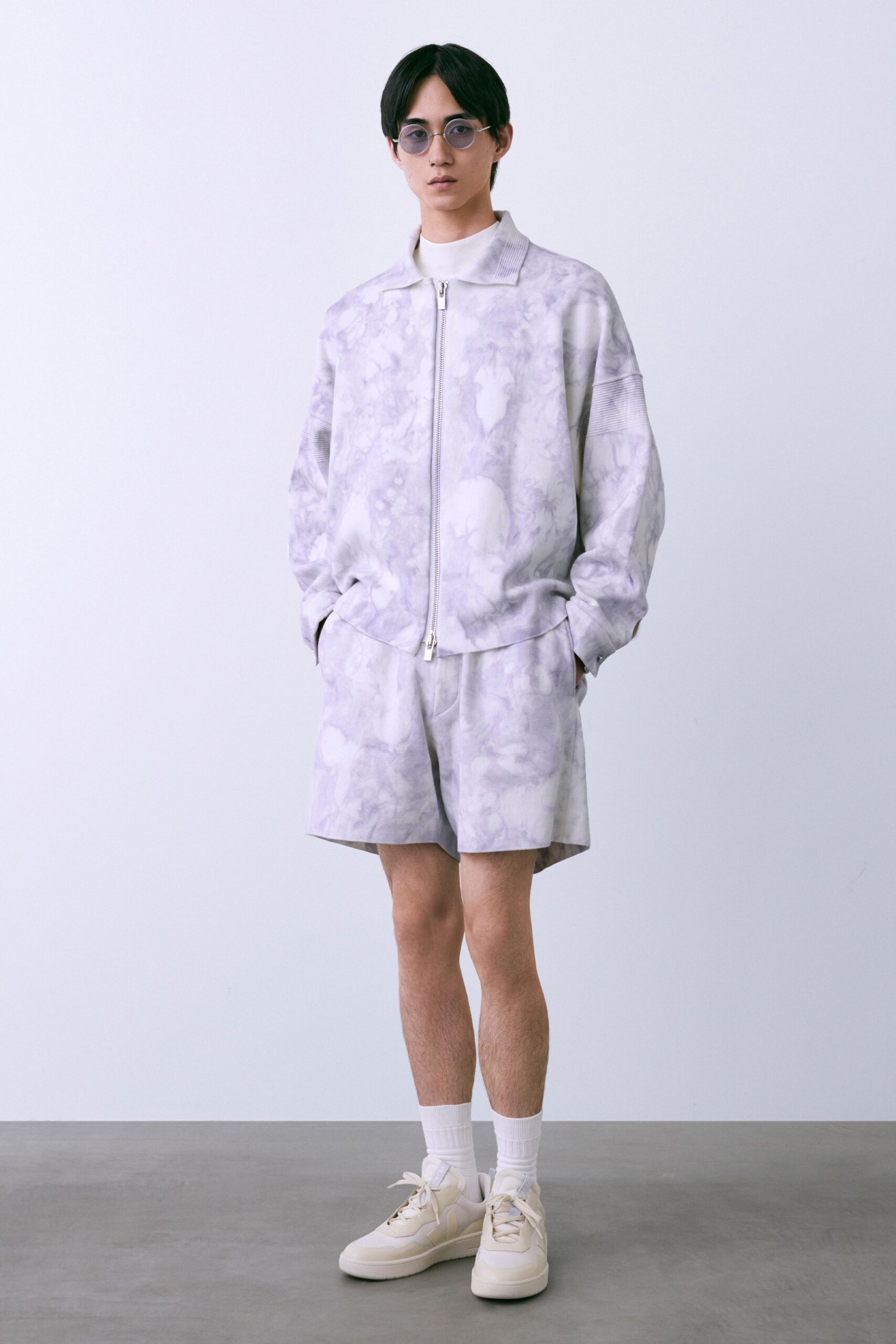 white cotton long-sleeve collared oversized zippered printed jacket