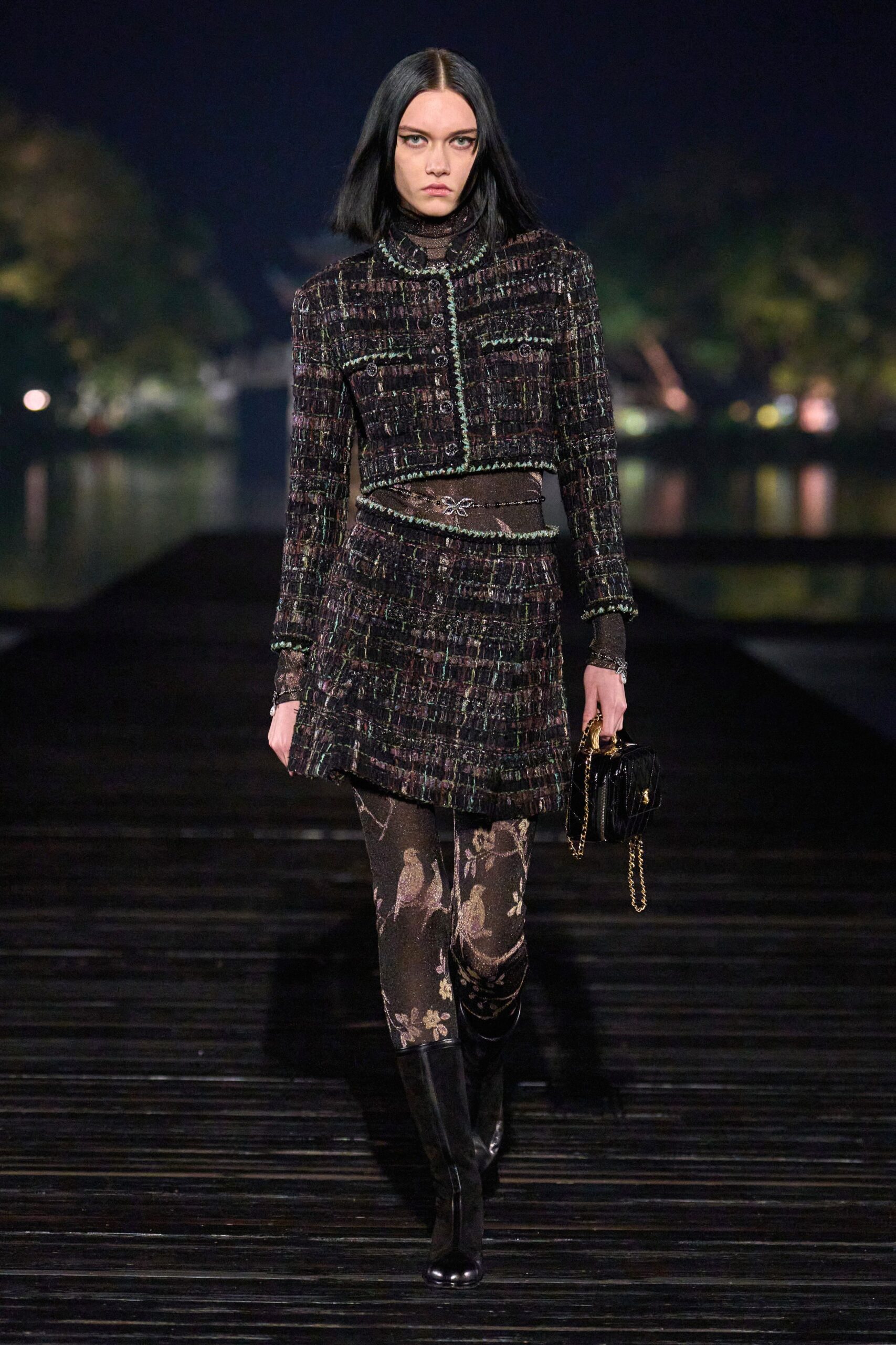 fitted multi-colored tweed jacket and skirt