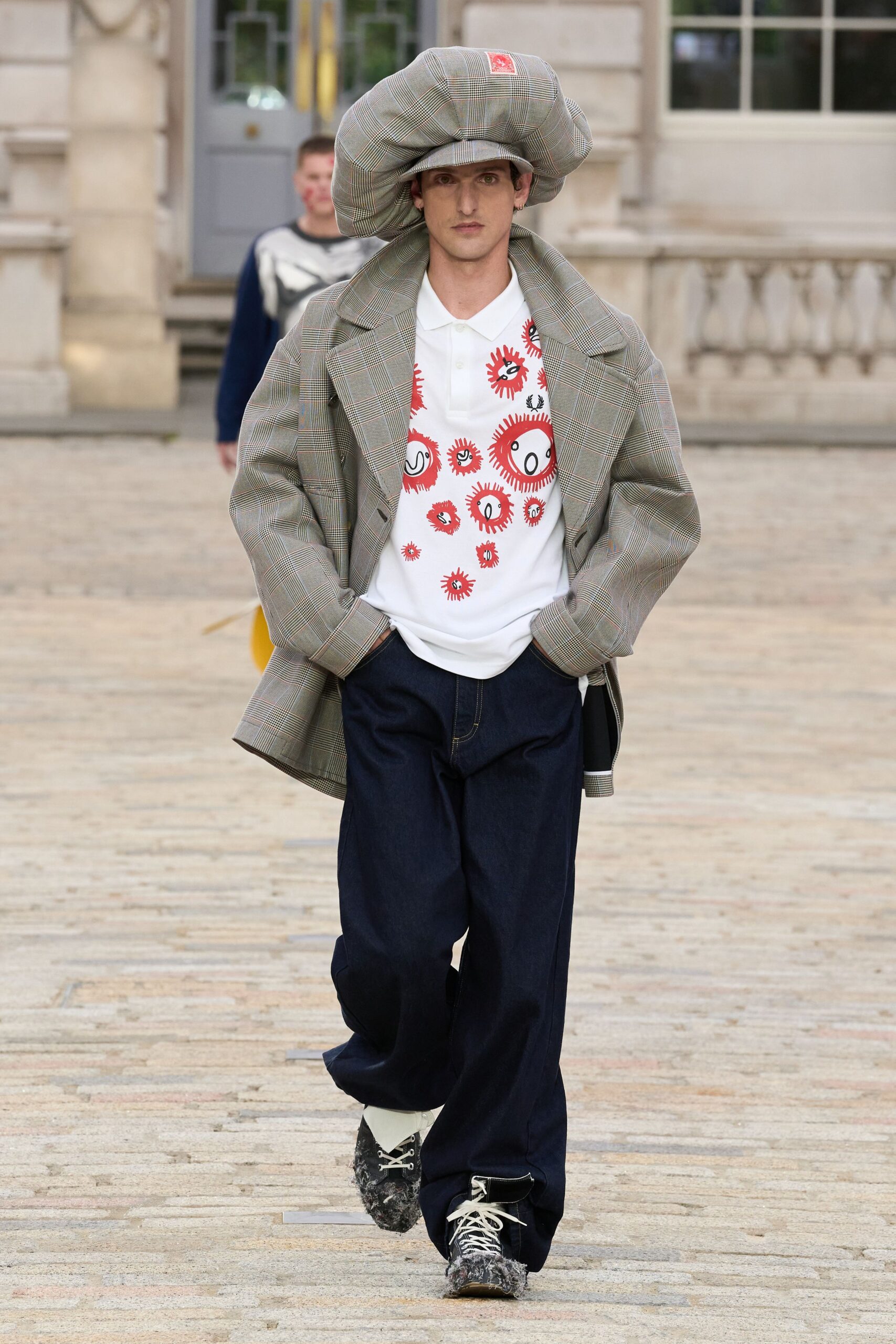 gray checked jacket with t-shirt