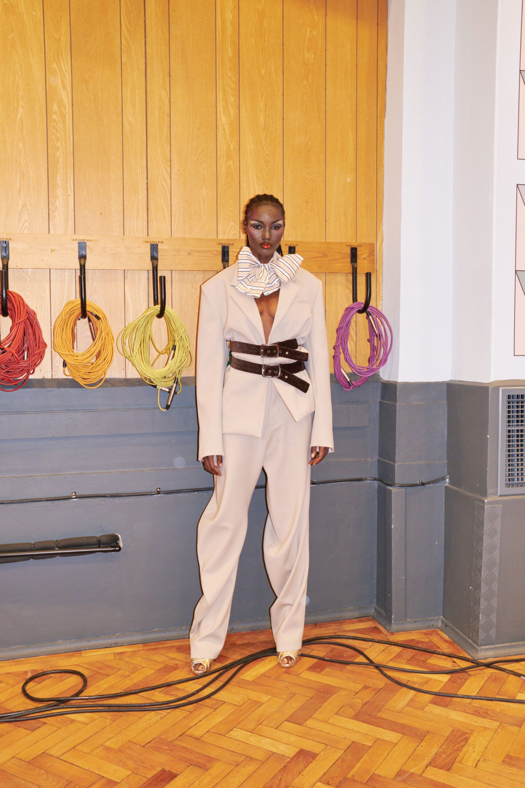 beige wool long-sleeve collared structured belted blazer