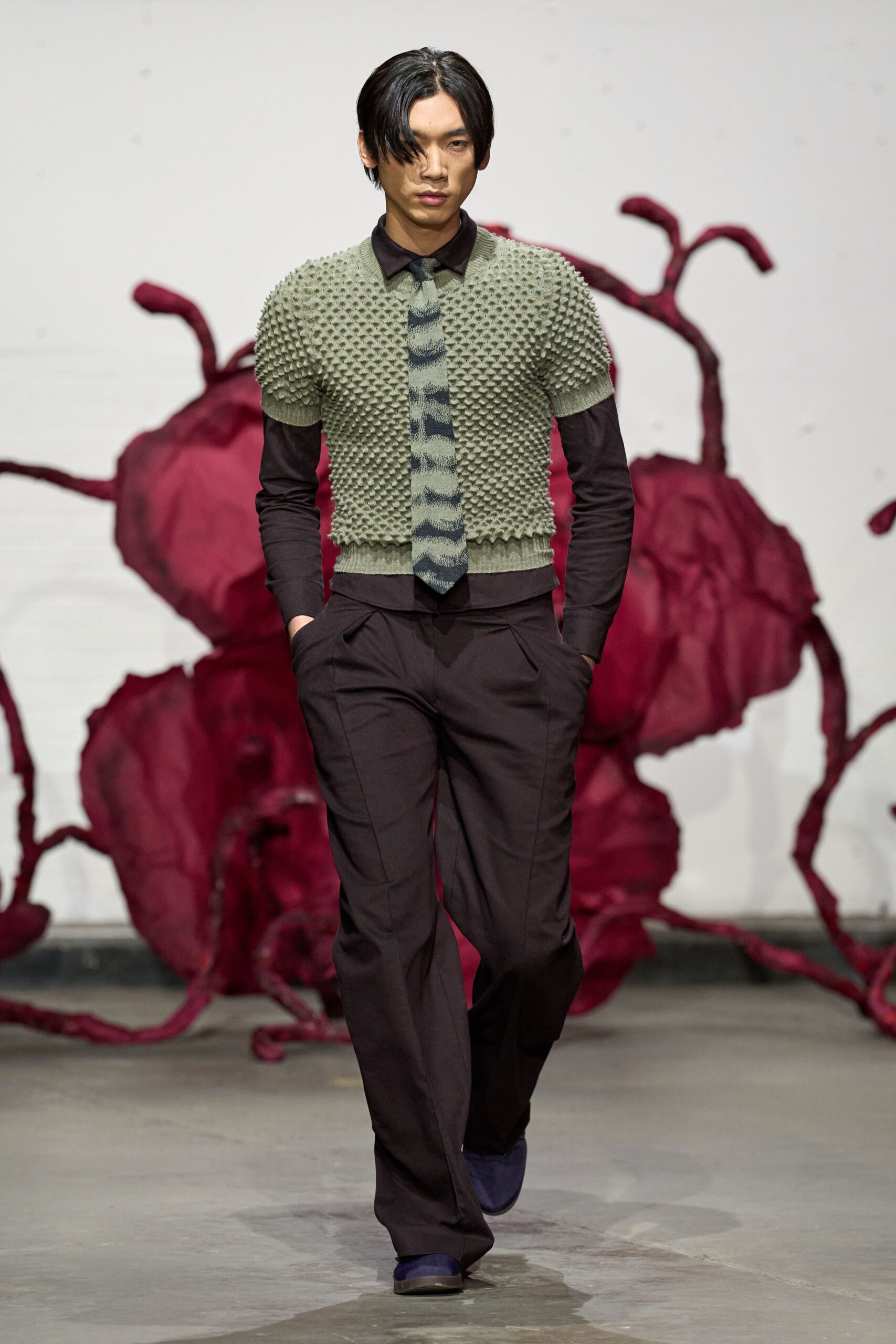 green cotton long-sleeve collared fitted textured sweater