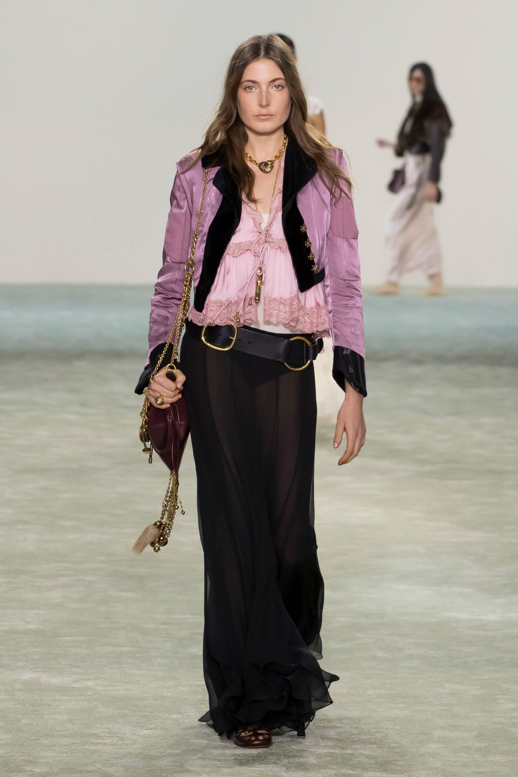 pink silk long-sleeve collared fitted layered jacket