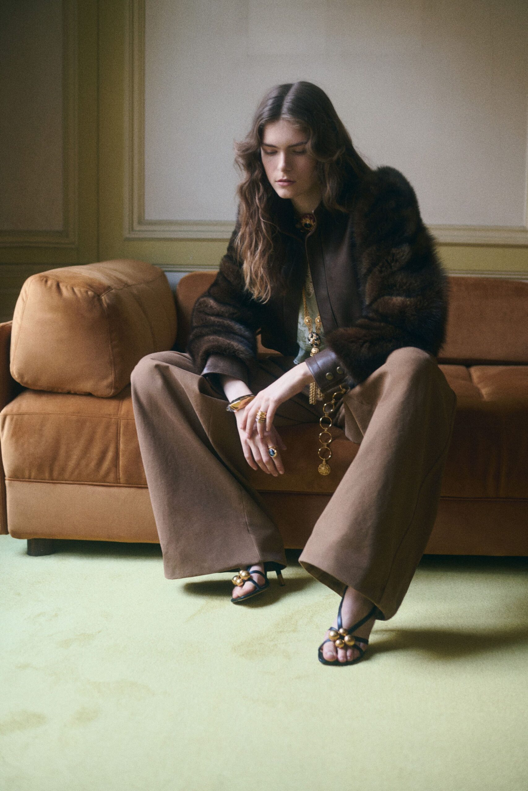 brown fur long-sleeve relaxed jacket