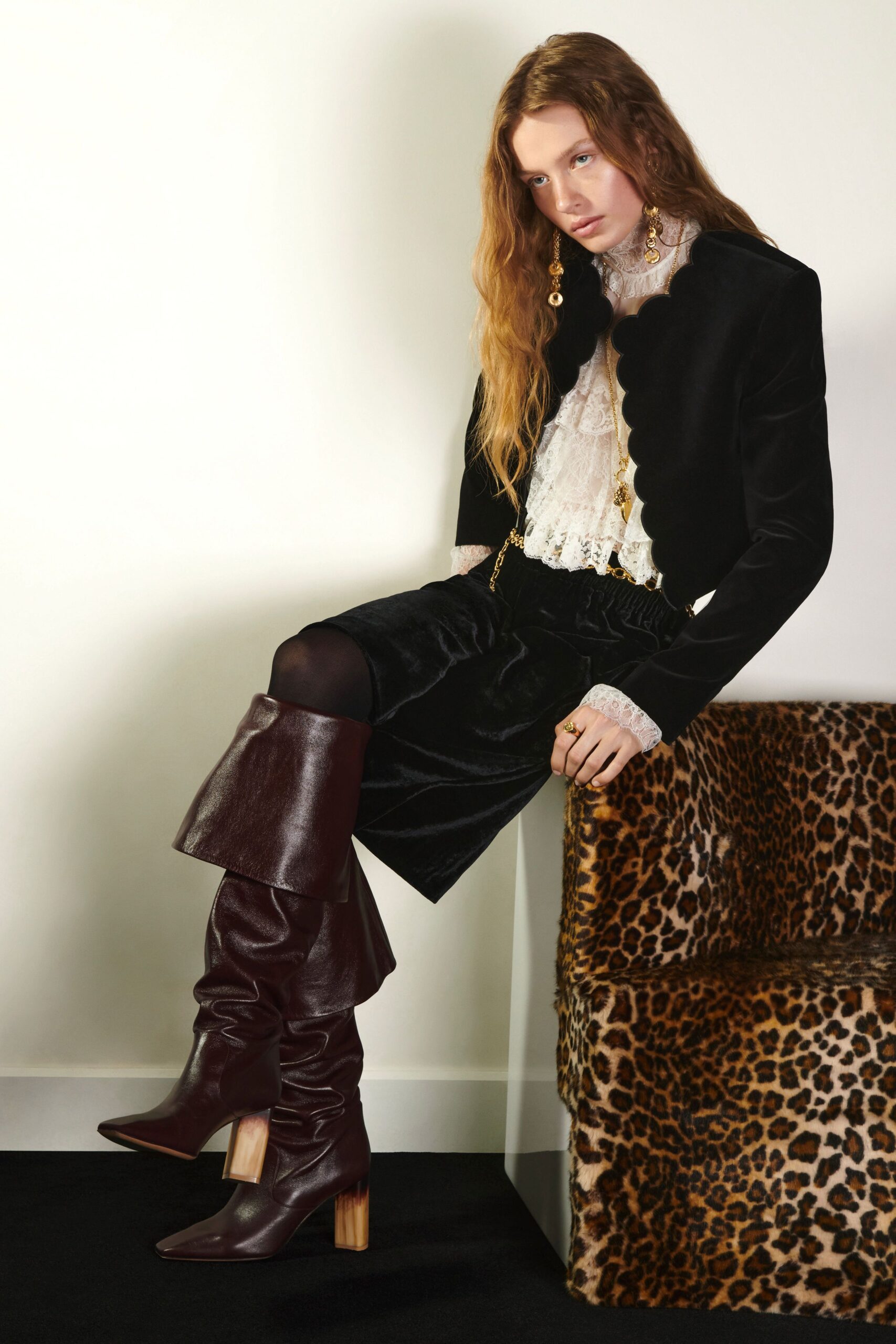 black velvet jacket with lace blouse