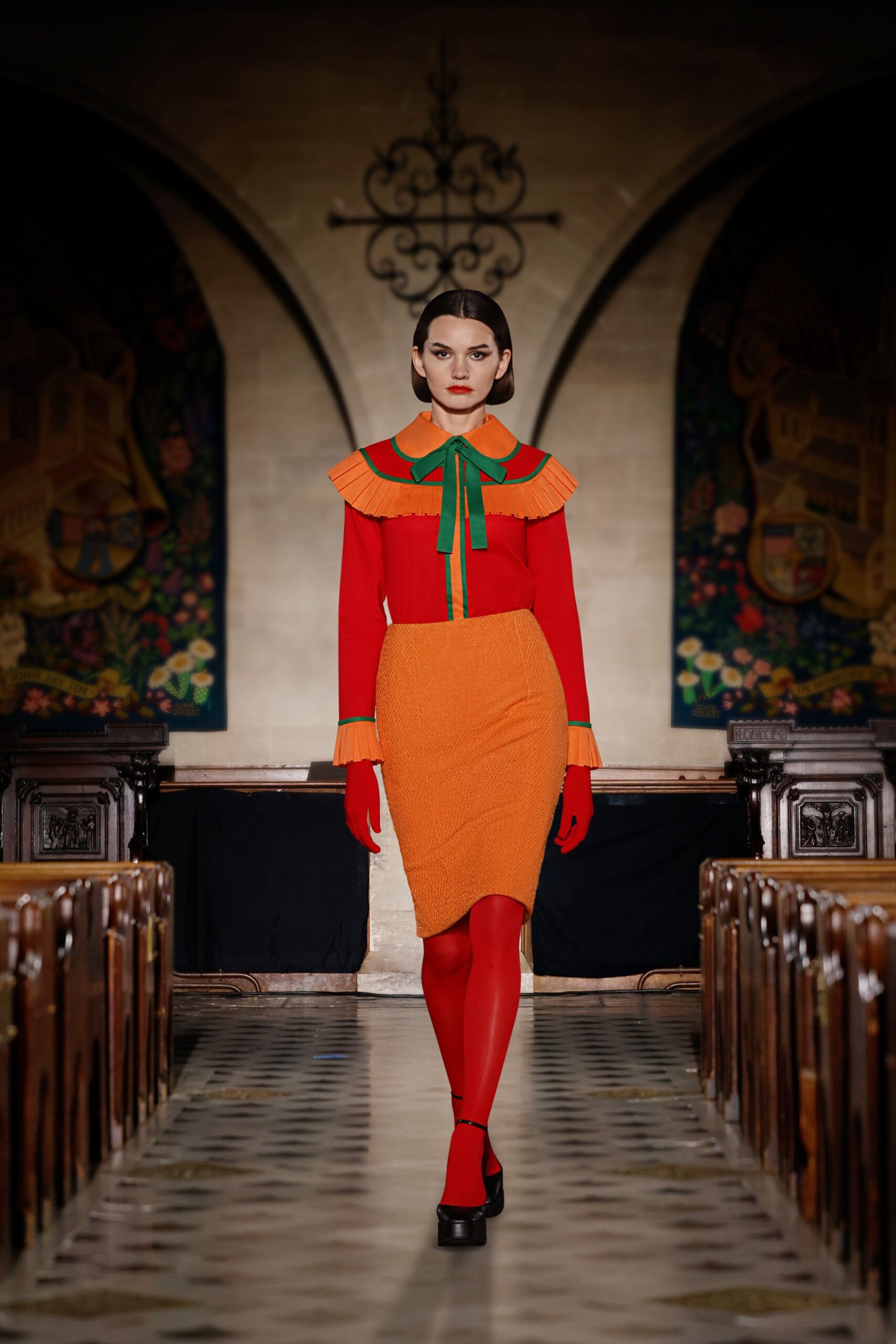 red cotton long-sleeve collared fitted pleated blouse